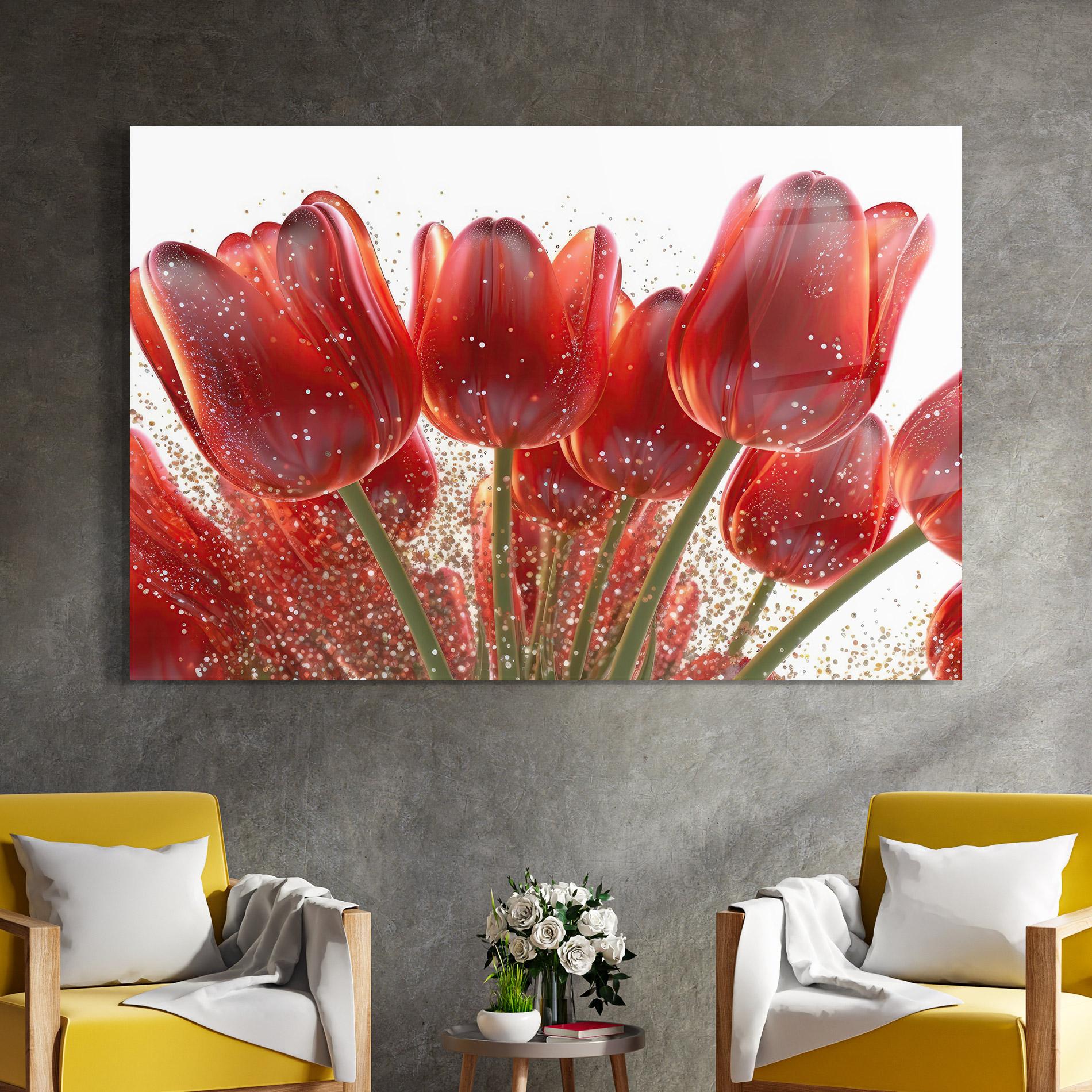 Tablou Sticla Glitter Red Tulips mockup 4