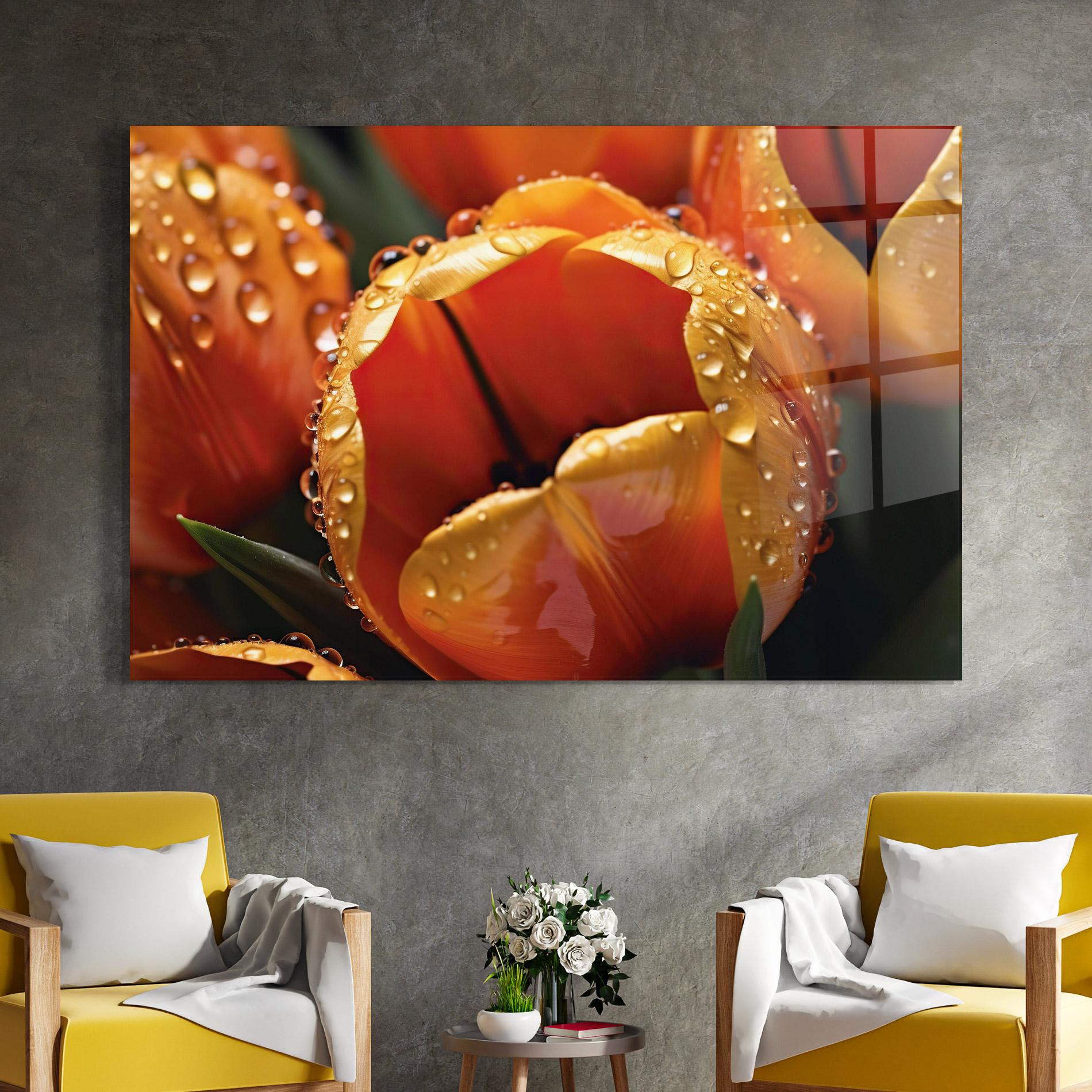 Tablou Sticla Orange Tulip Water Drops mockup 4