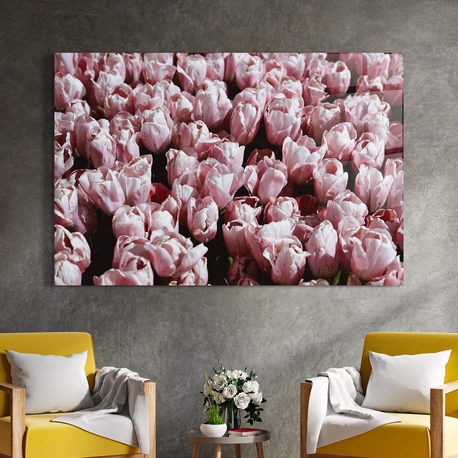 Tablou Sticla Pastel Pink Tulips Wall mockup 4