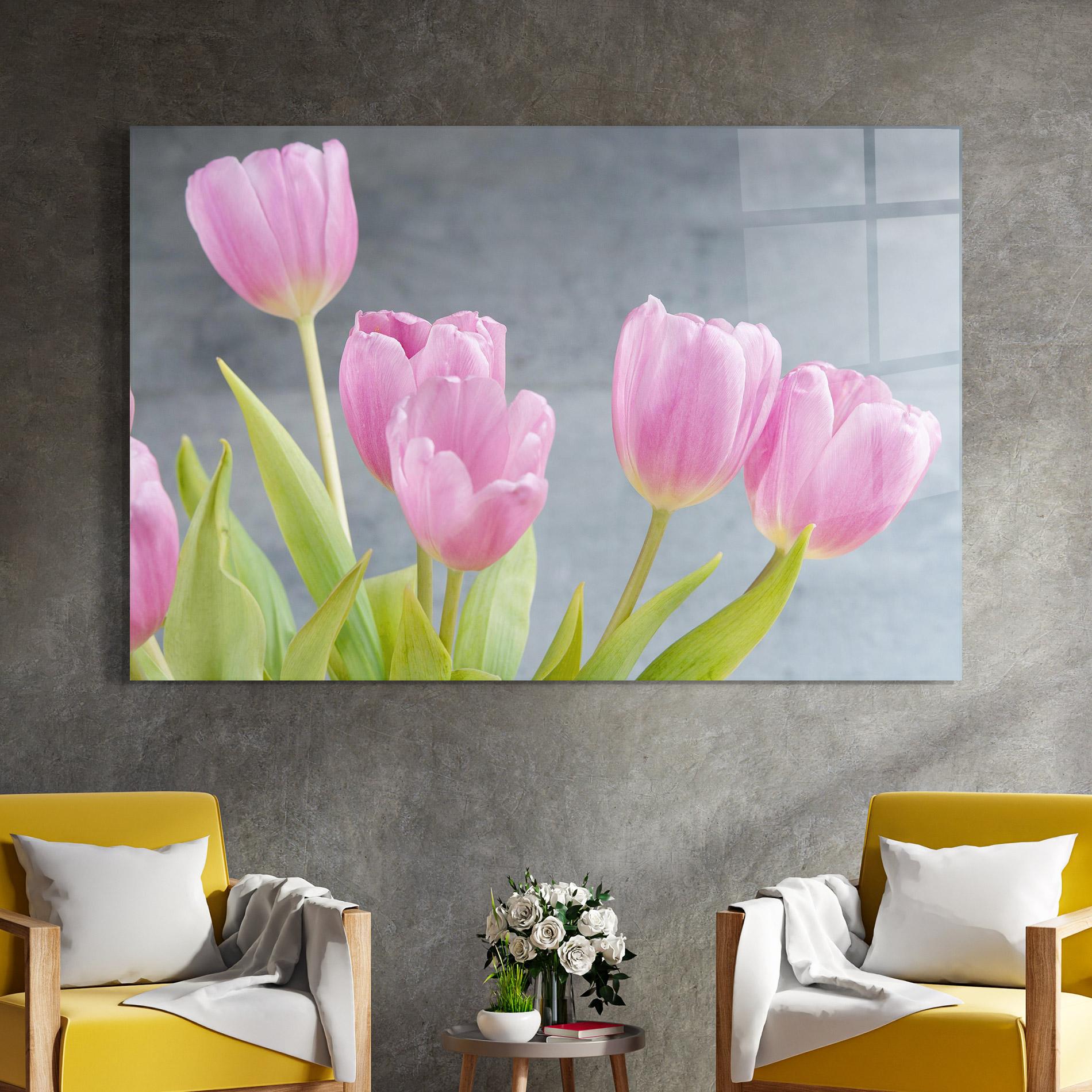 Tablou Sticla Pink Pastel Tulip On Grey mockup 4