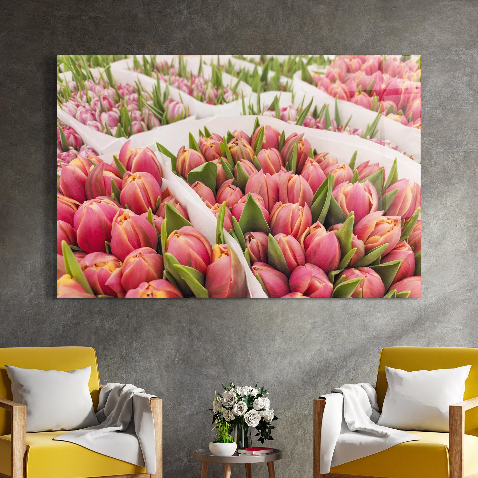 Tablou Sticla Pretty Pink Tulips Bouquet mockup 4