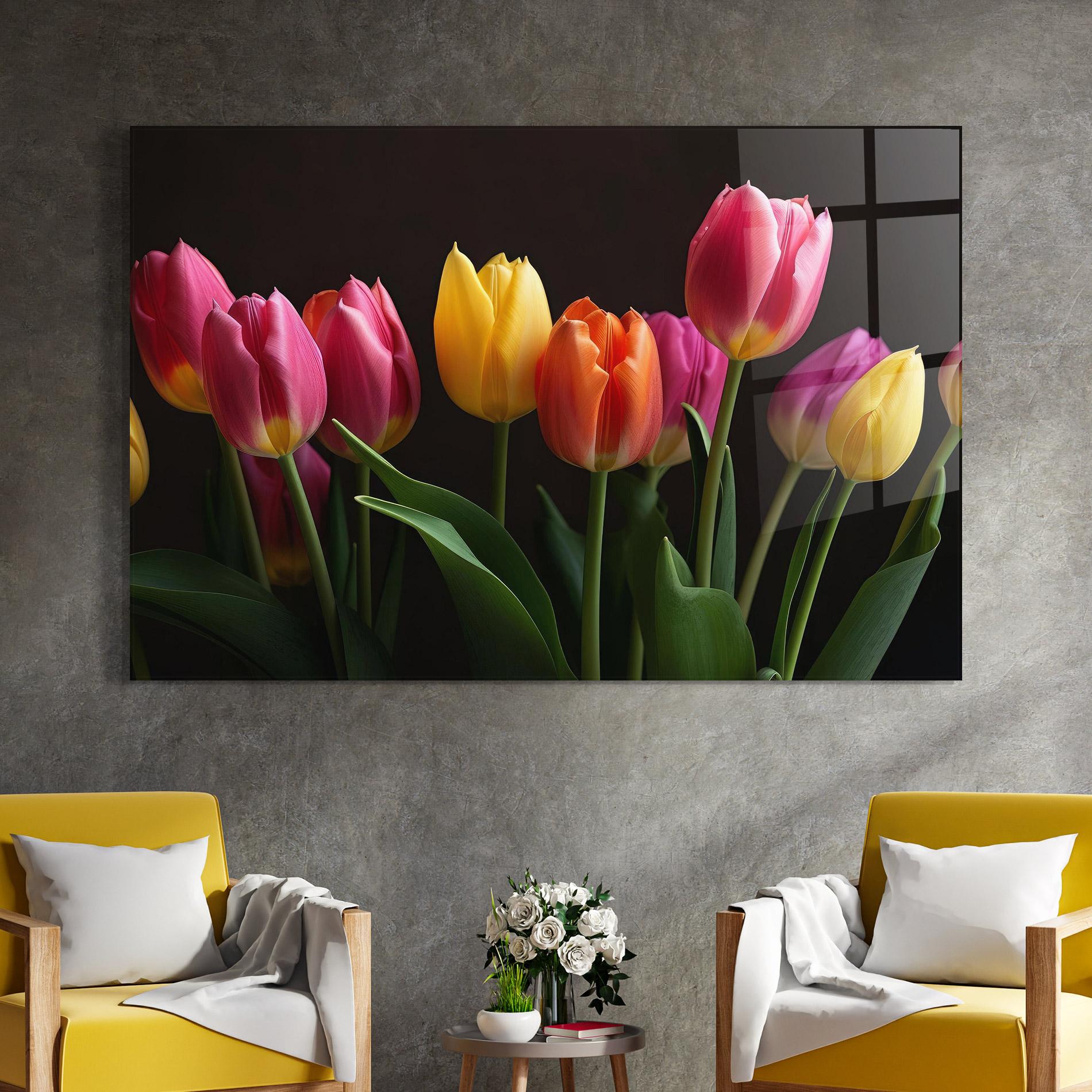 Tablou Sticla Purple Yellow Tulips mockup 4
