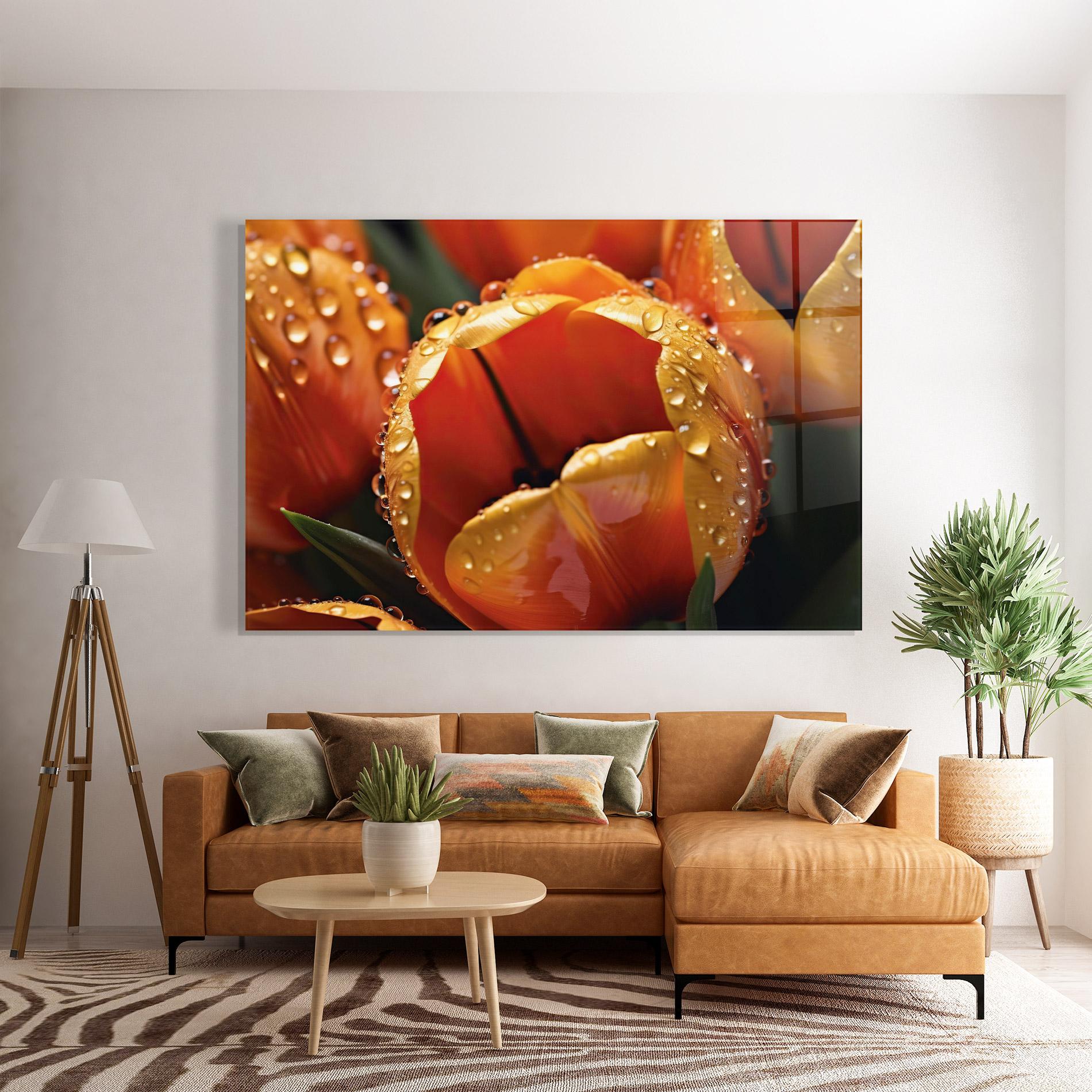 Tablou Sticla Orange Tulip Water Drops mockup 7