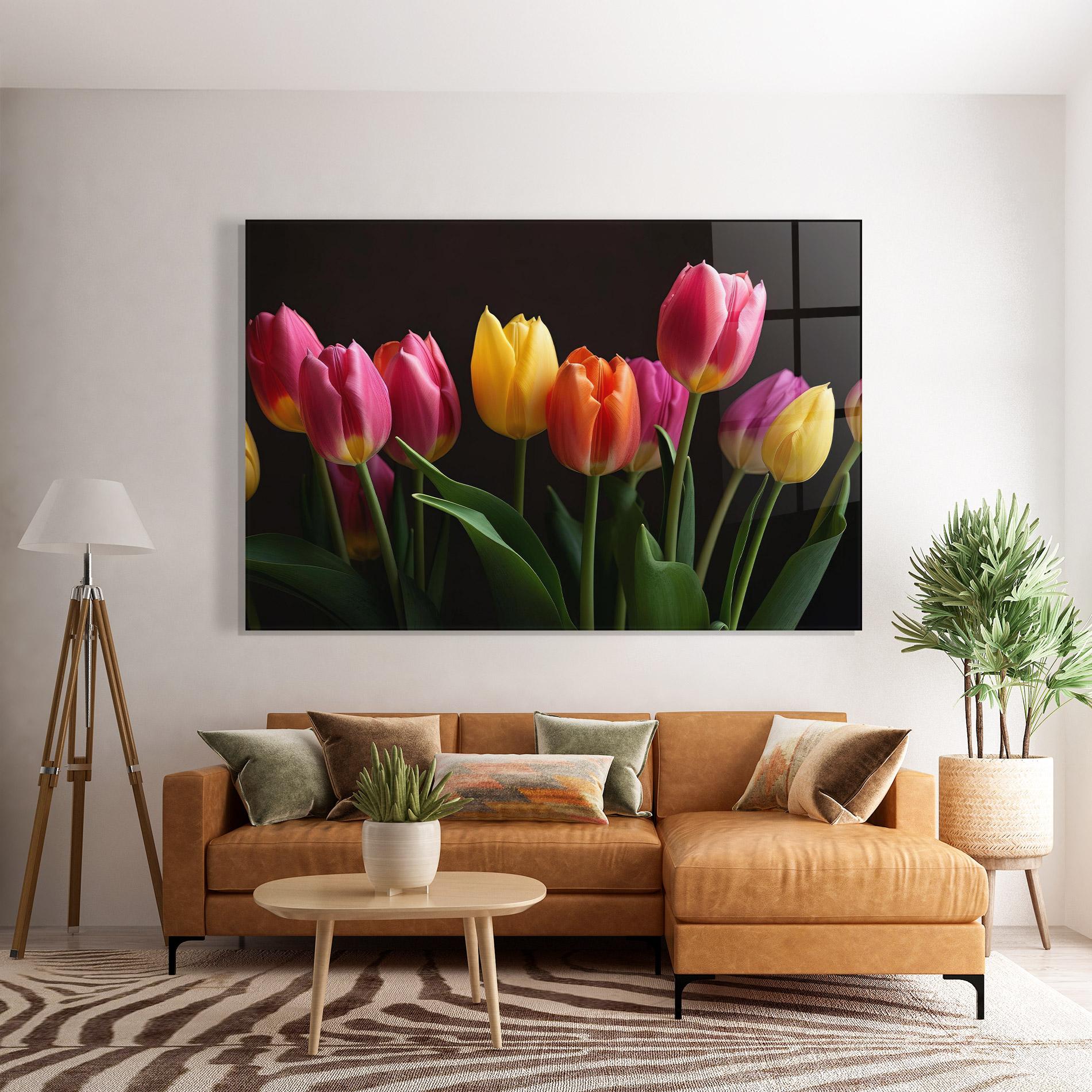 Tablou Sticla Purple Yellow Tulips mockup 7