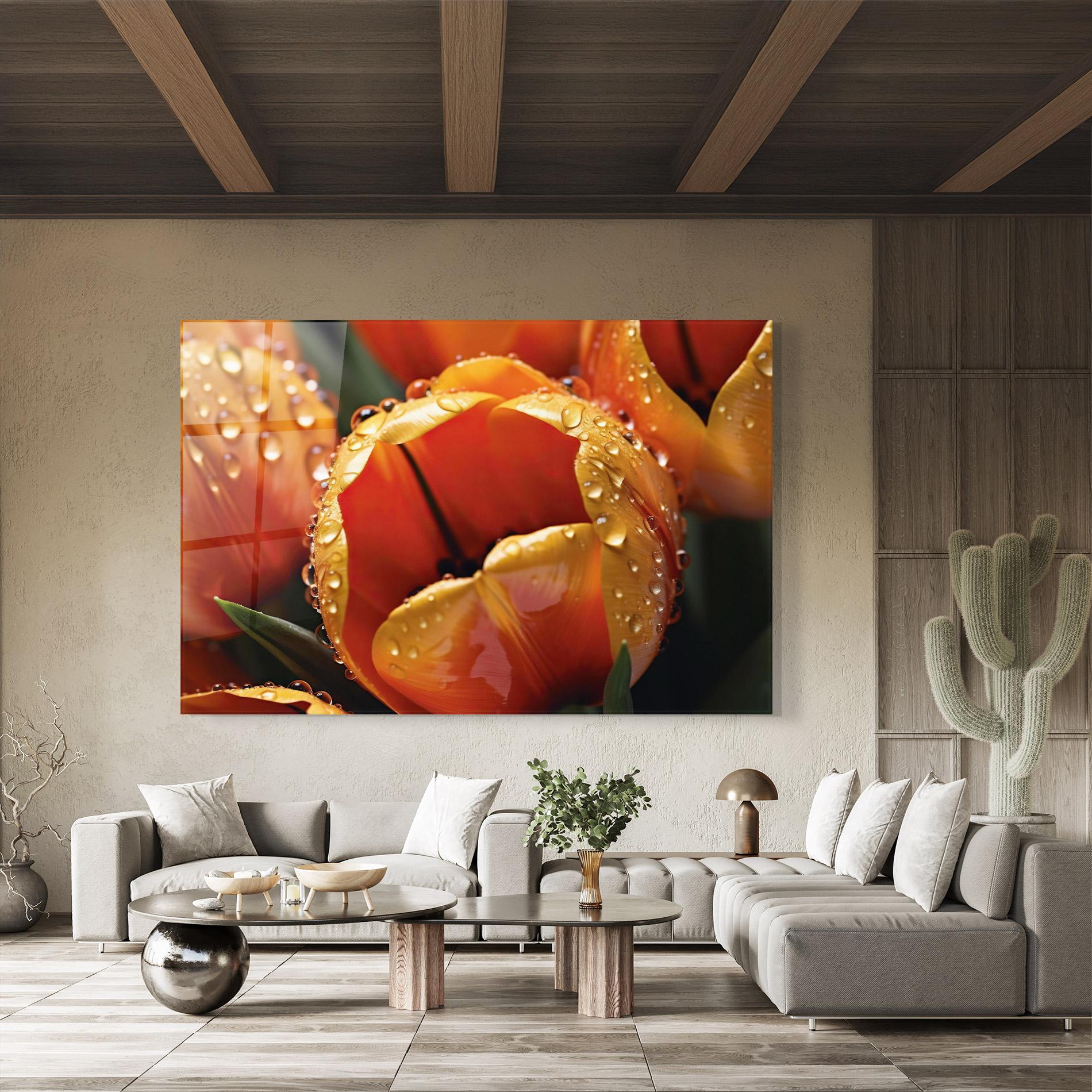 Tablou Sticla Orange Tulip Water Drops mockup 8
