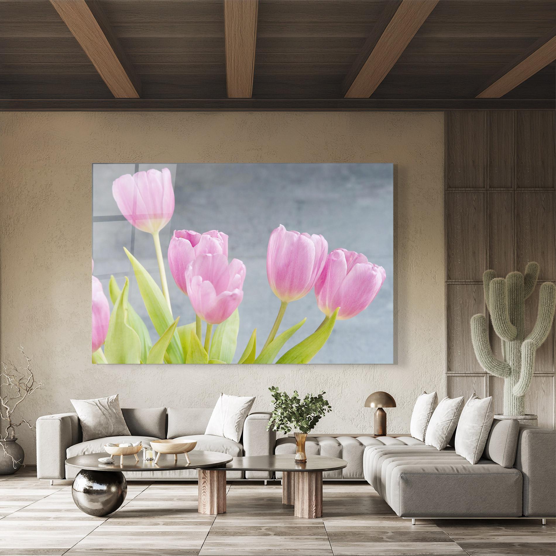 Tablou Sticla Pink Pastel Tulip On Grey mockup 8