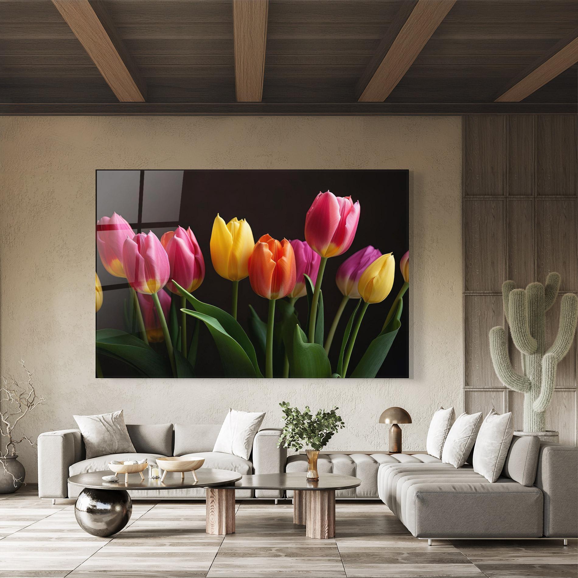 Tablou Sticla Purple Yellow Tulips mockup 8