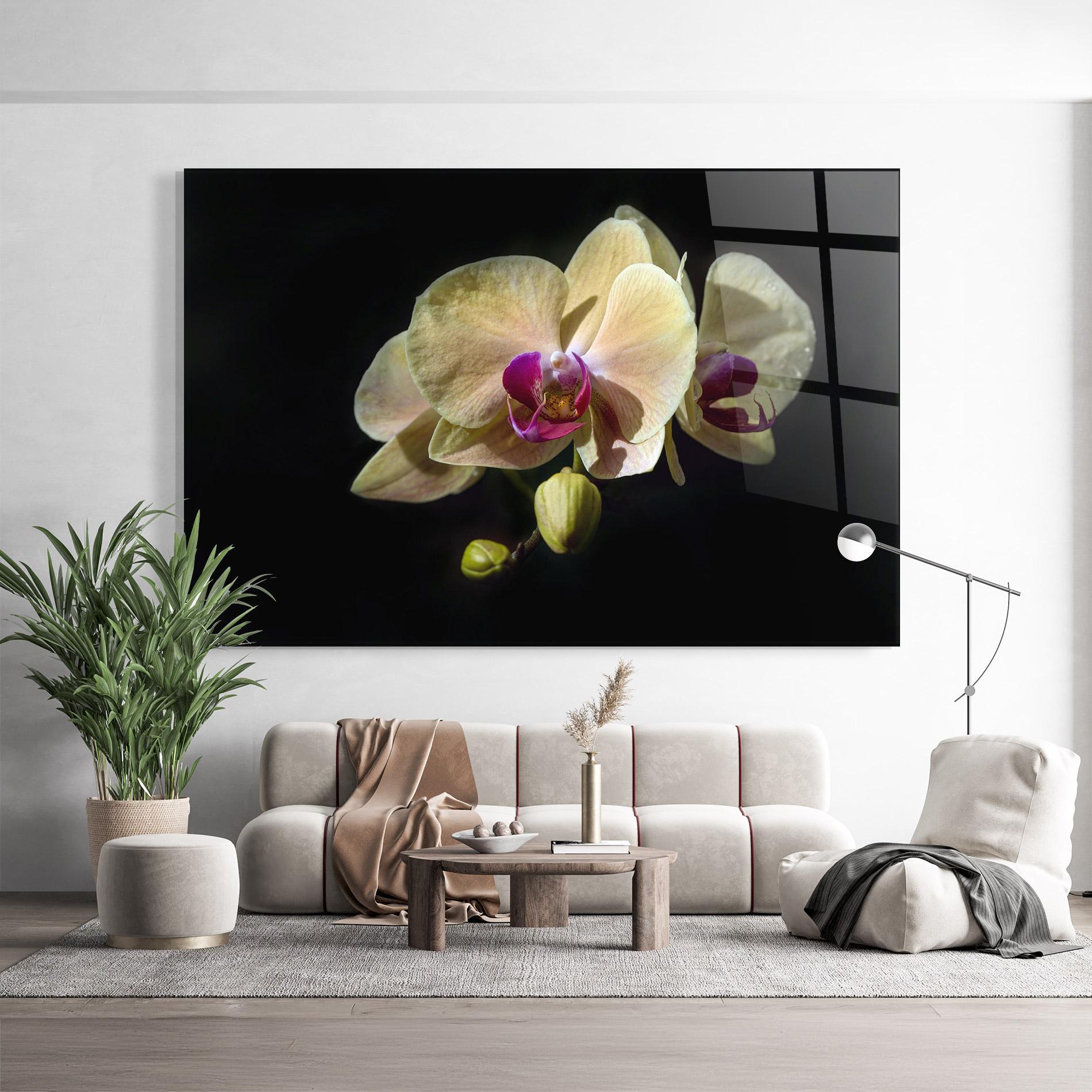 Tablou Sticla Pastel Yellow Orchids mockup 9