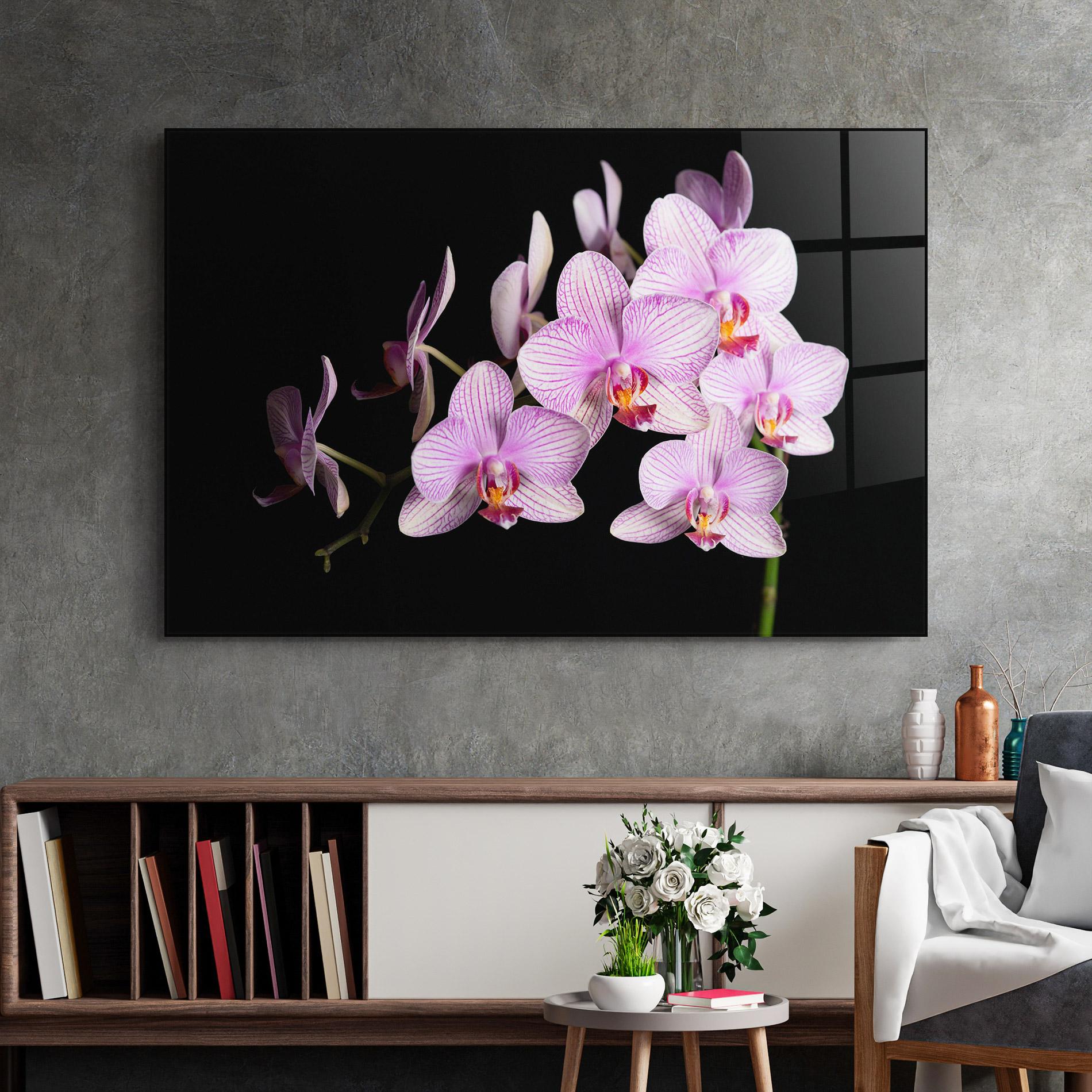 Tablou Sticla Beautiful Orchids On Black mockup 2
