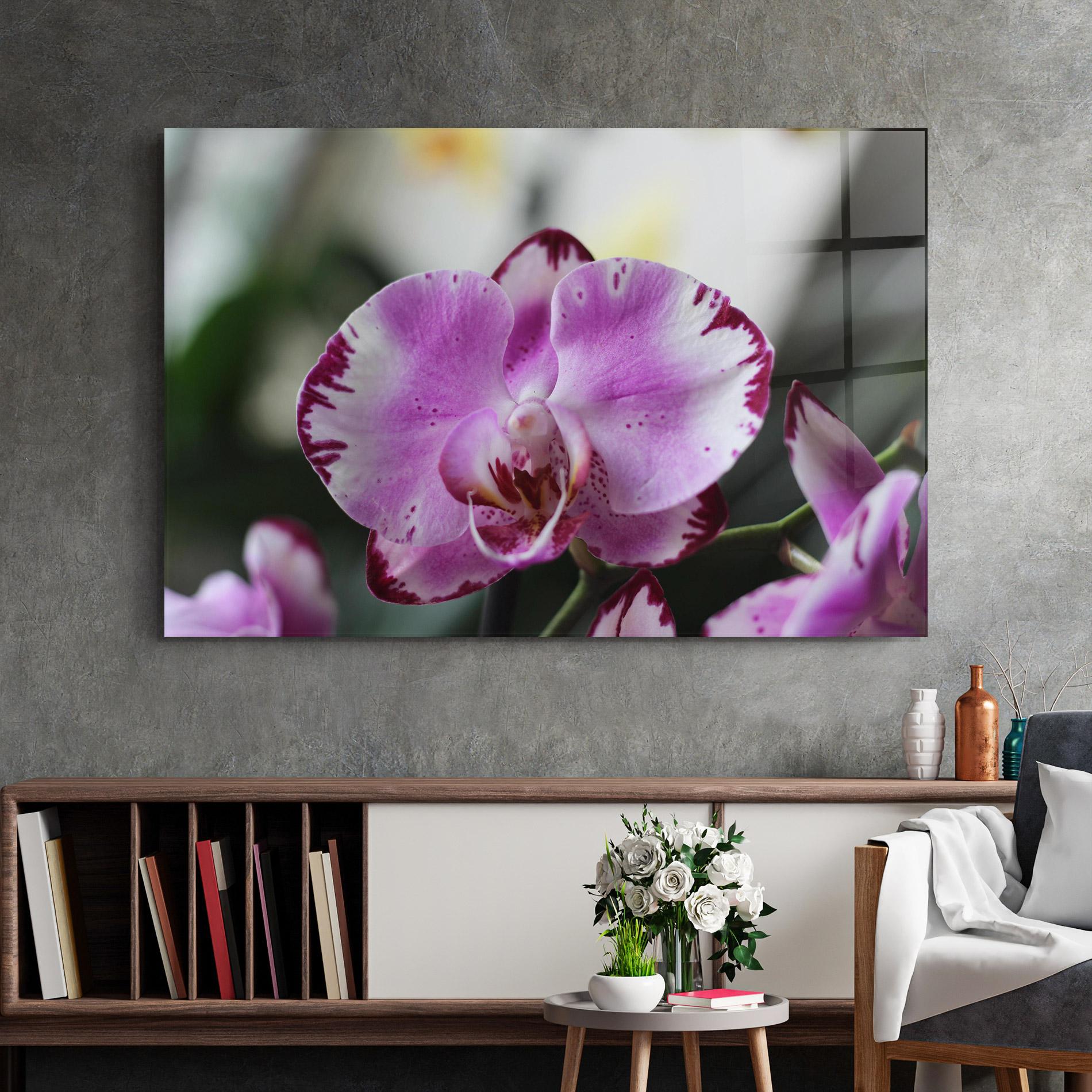 Tablou Sticla Dark Purple Orchids In Nature mockup 2