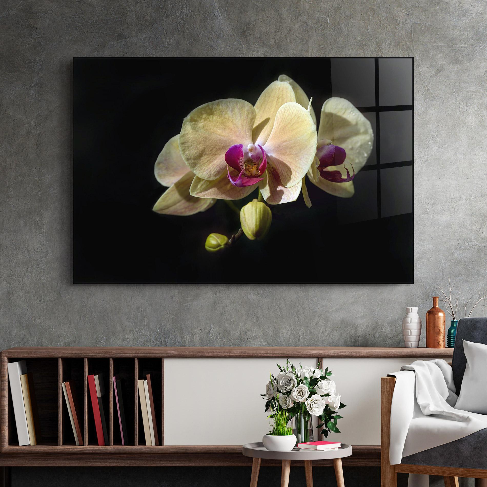 Tablou Sticla Pastel Yellow Orchids mockup 2