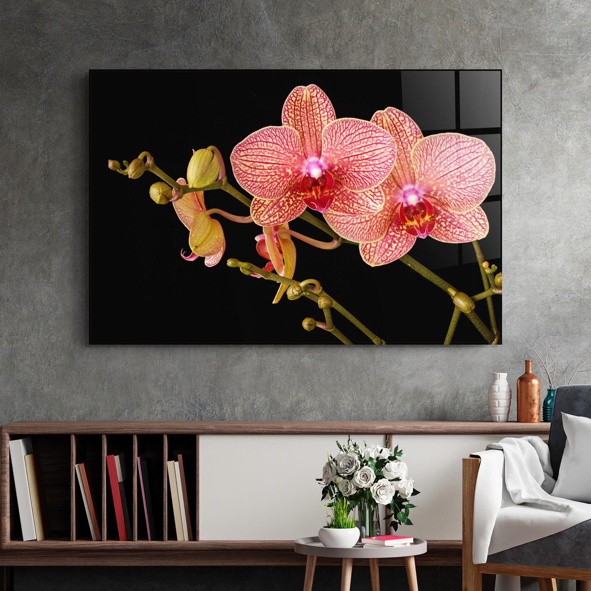 Tablou Sticla Pink Orchids On Black mockup 2