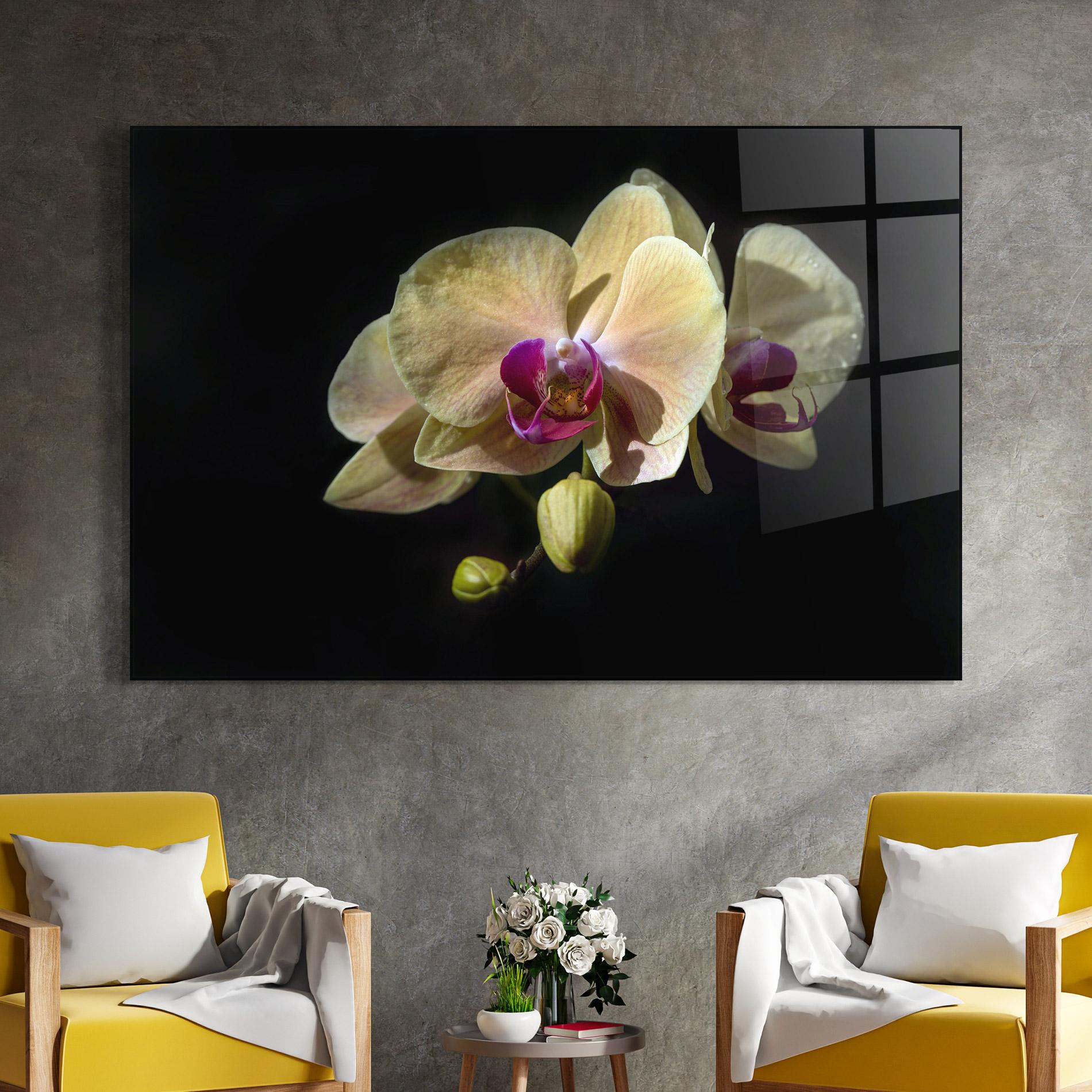 Tablou Sticla Pastel Yellow Orchids mockup 4
