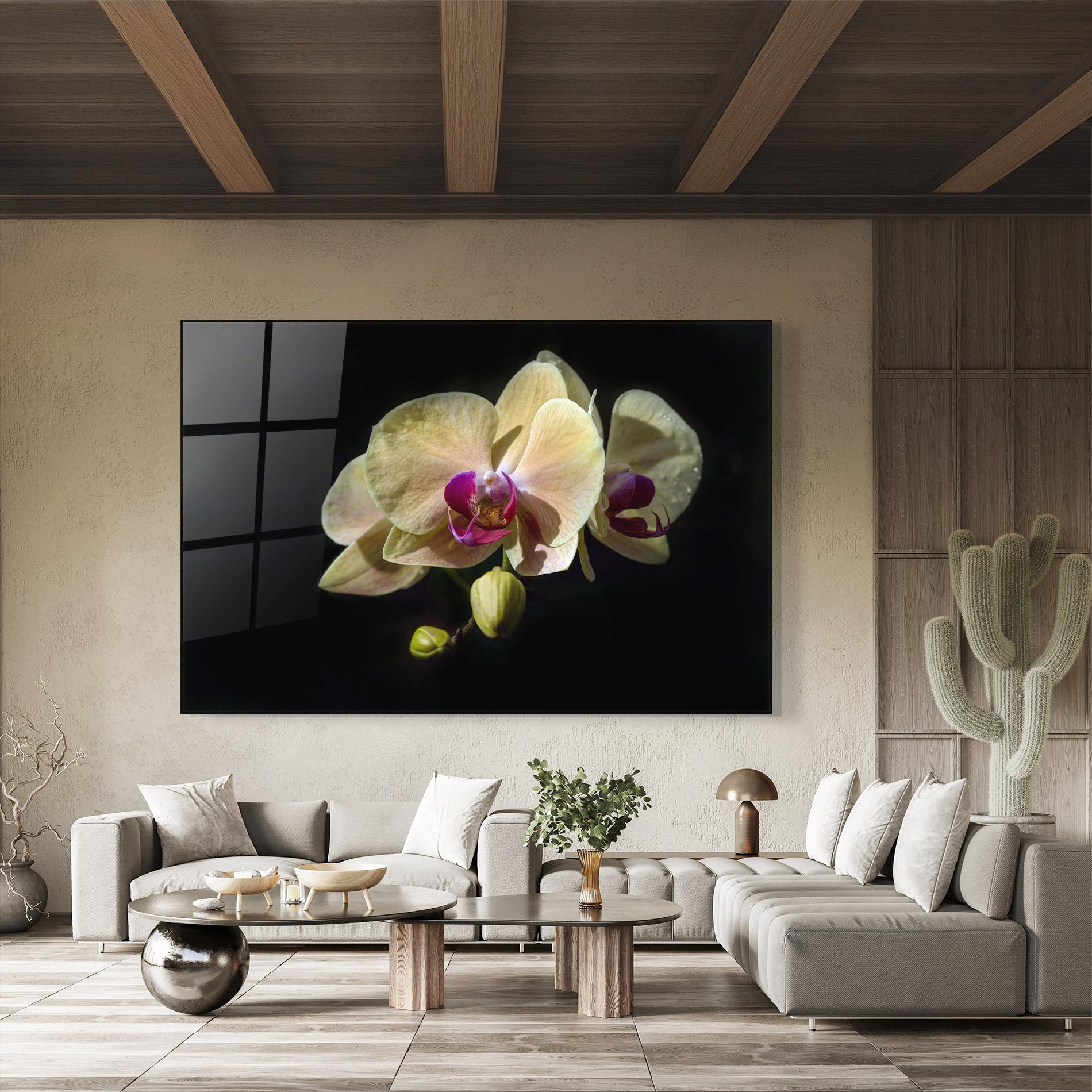 Tablou Sticla Pastel Yellow Orchids mockup 8