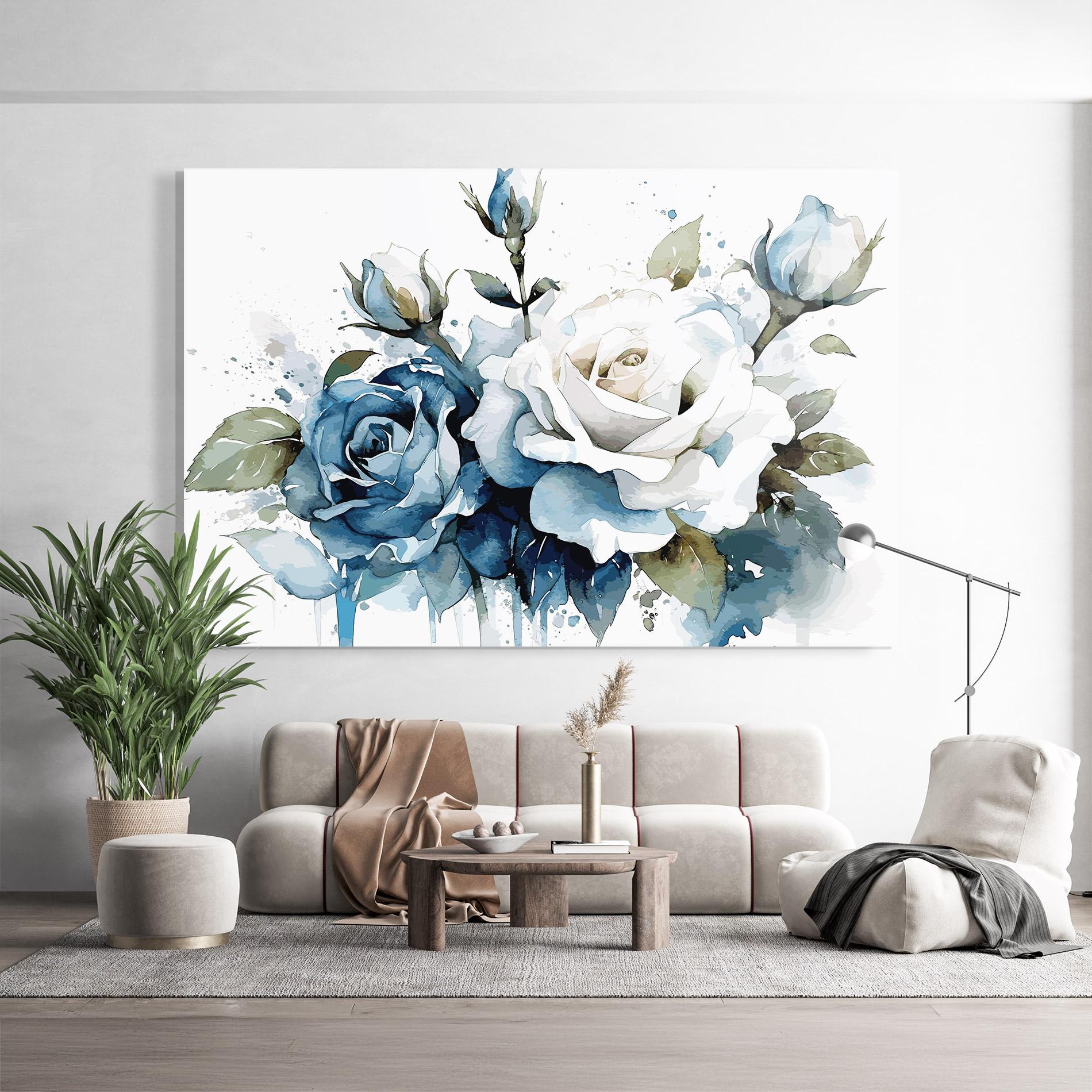 Tablou Sticla Blue White Roses mockup 9