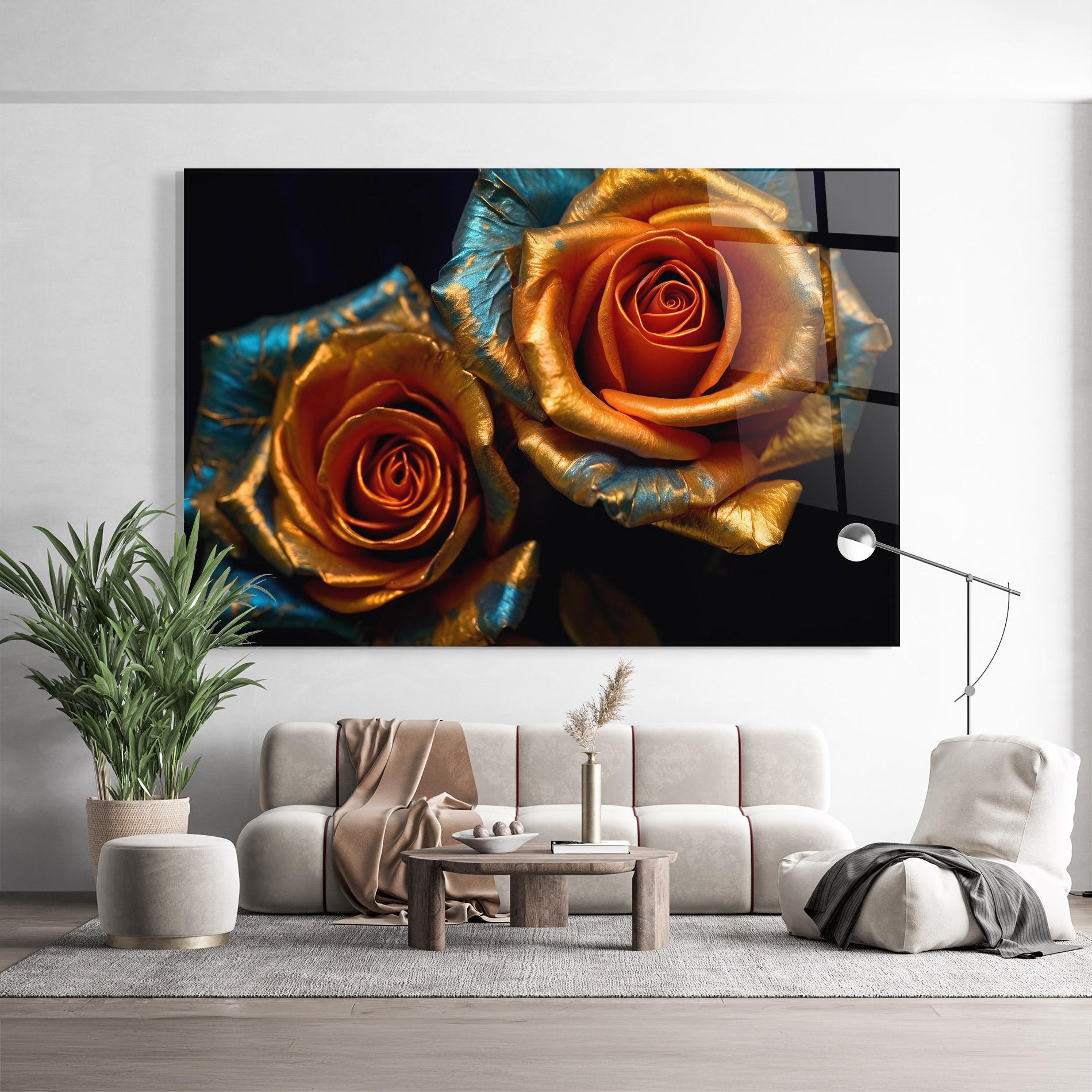 Tablou Sticla Golden Blue Roses mockup 9