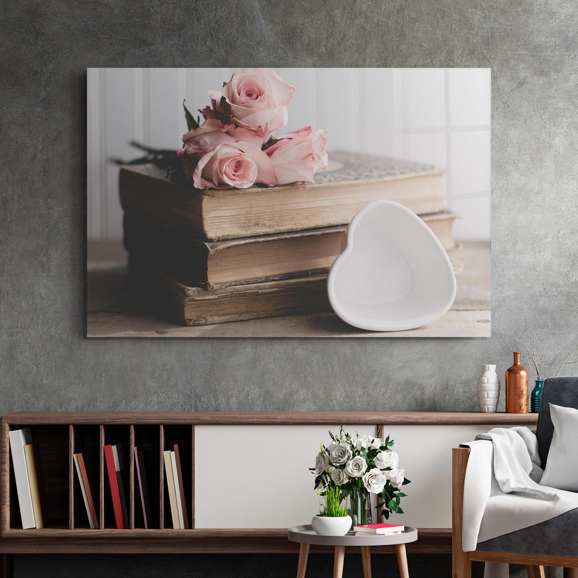 Tablou Sticla Books With Roses mockup 2