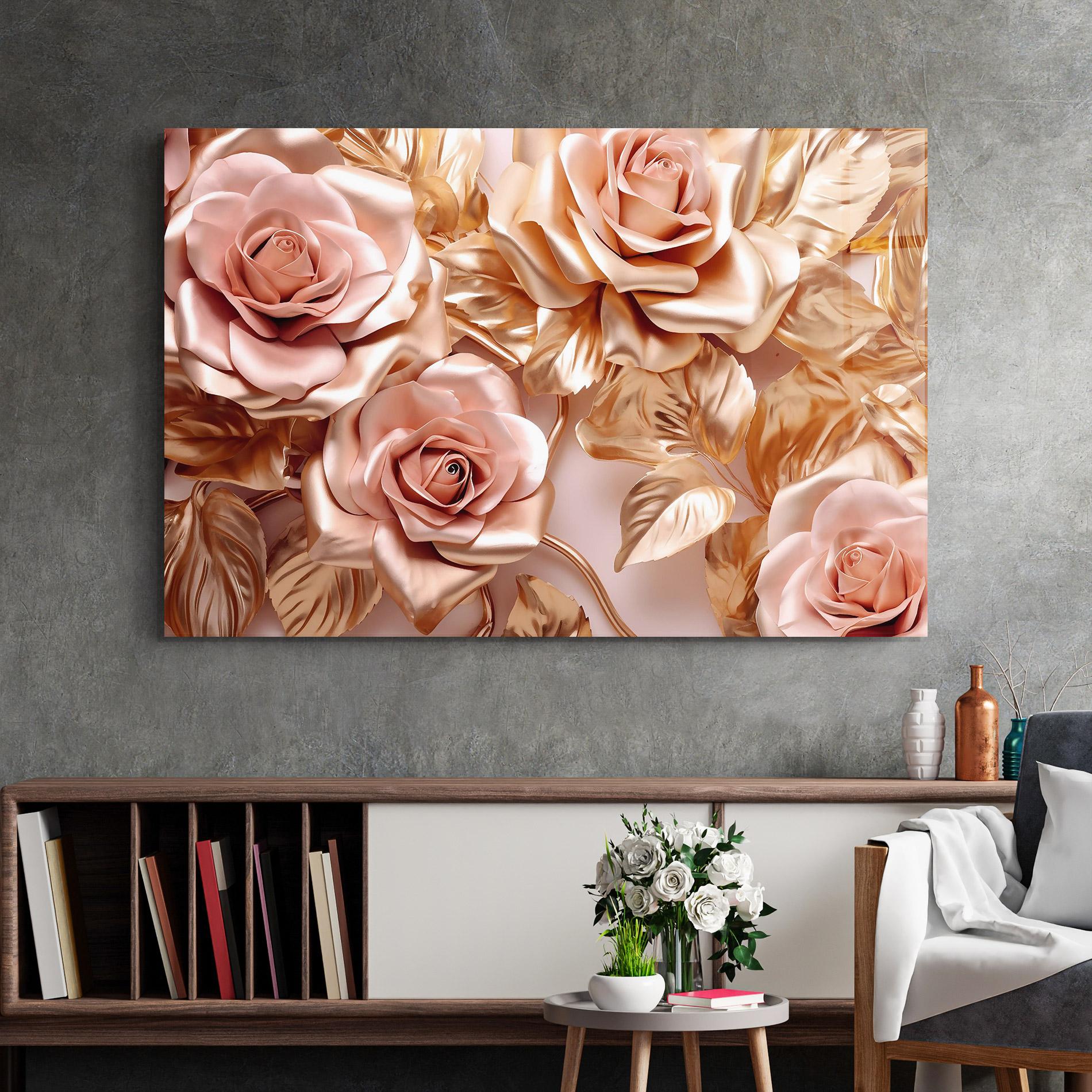 Tablou Sticla Pink Golden Roses mockup 2