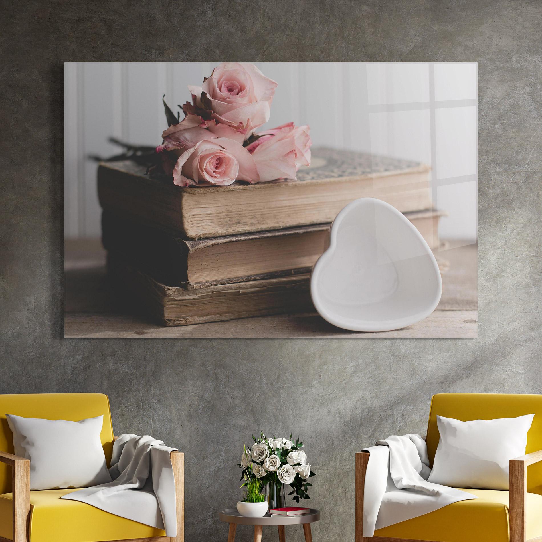 Tablou Sticla Books With Roses mockup 4