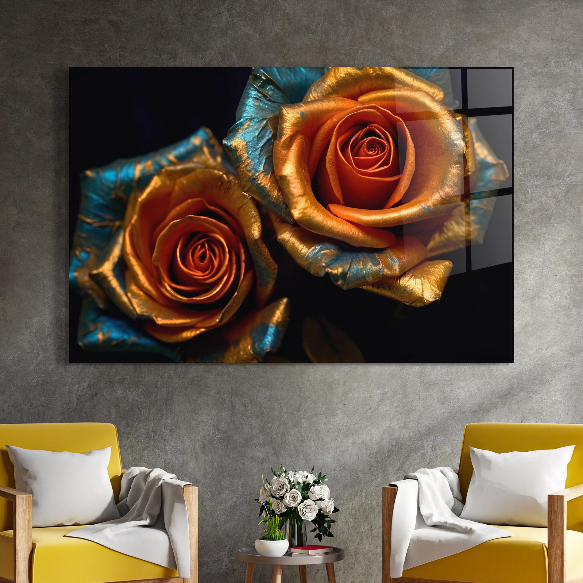 Tablou Sticla Golden Blue Roses mockup 4