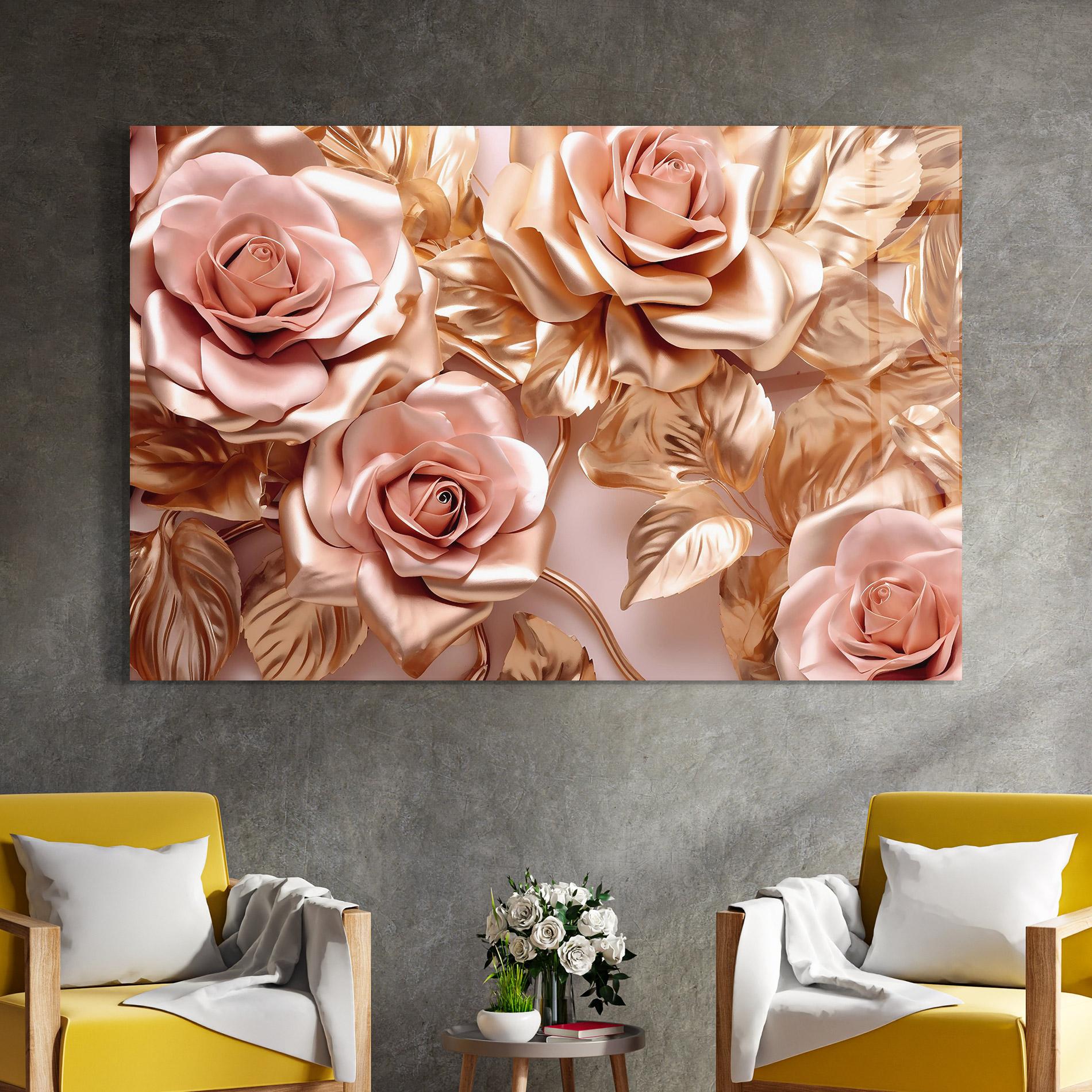 Tablou Sticla Pink Golden Roses mockup 4