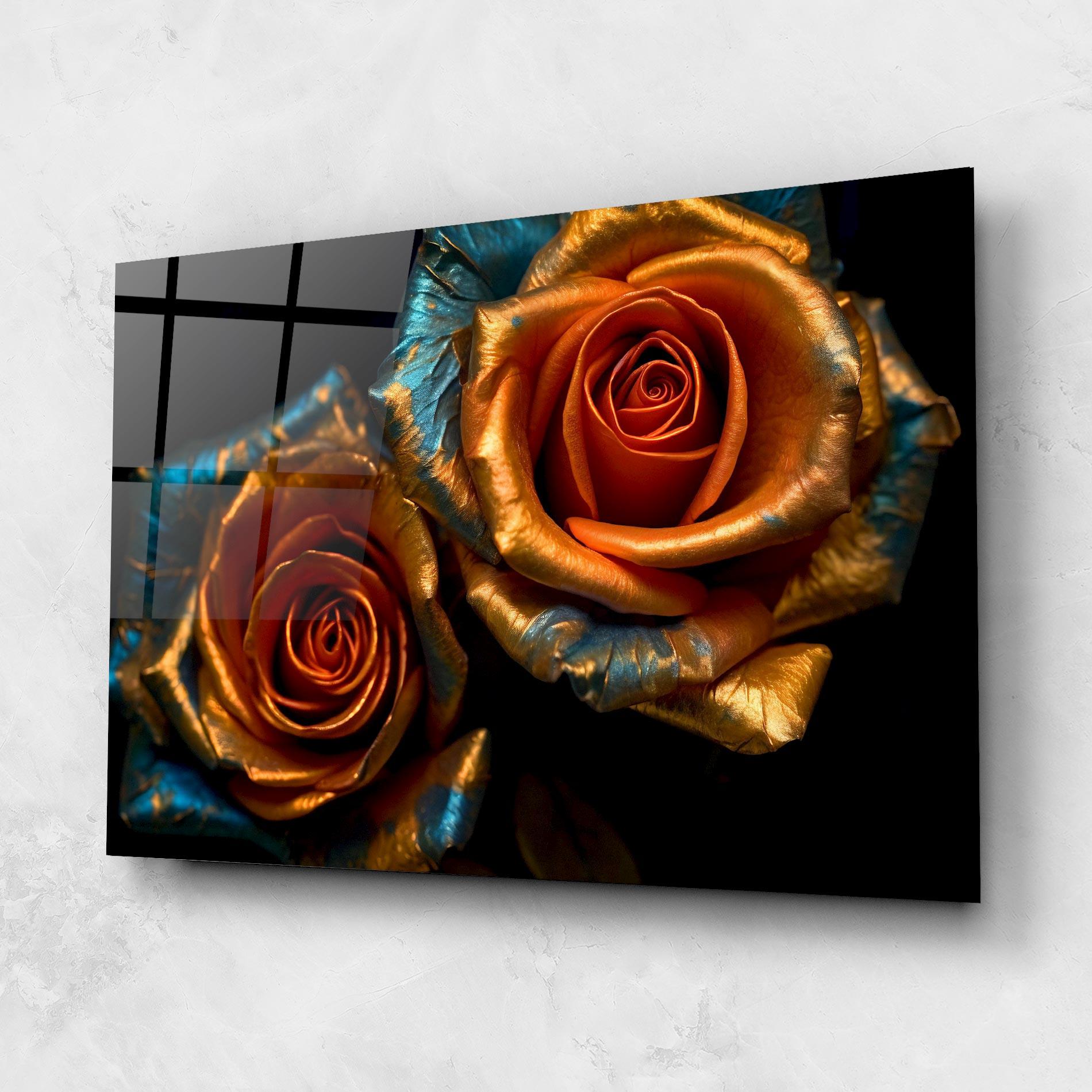 Tablou Sticla Golden Blue Roses mockup 1
