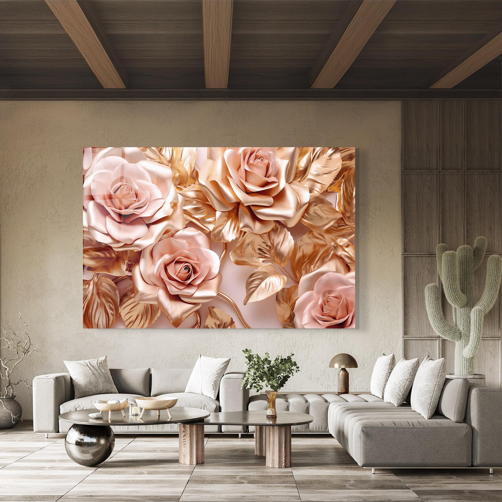 Tablou Sticla Pink Golden Roses mockup 8