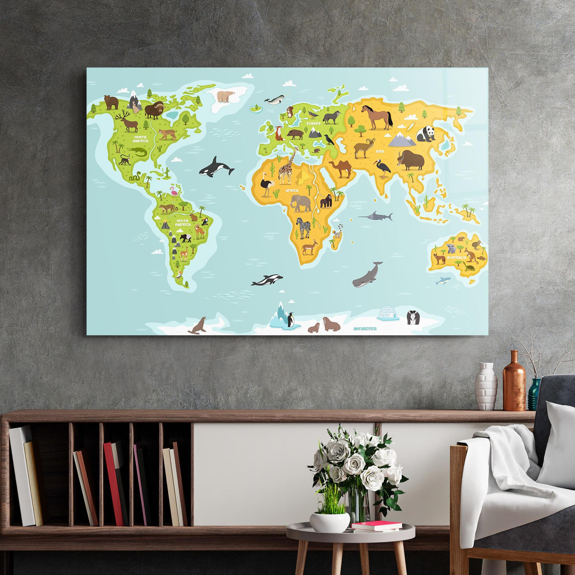Tablou Sticla Animals World Map mockup 2
