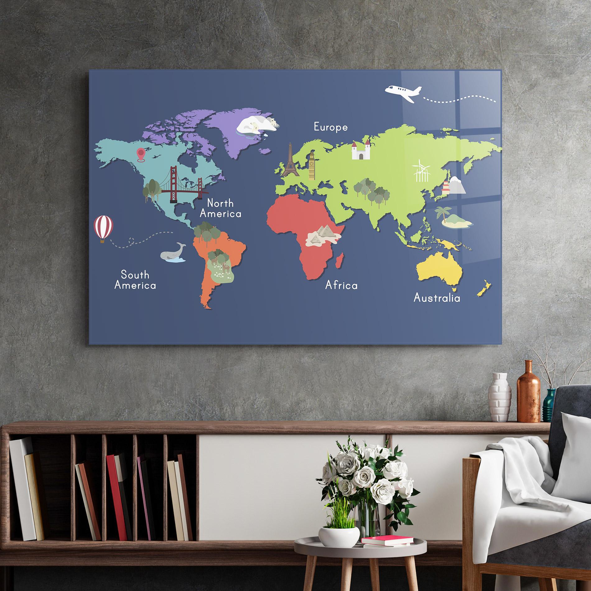 Tablou Sticla Blue Map World mockup 2