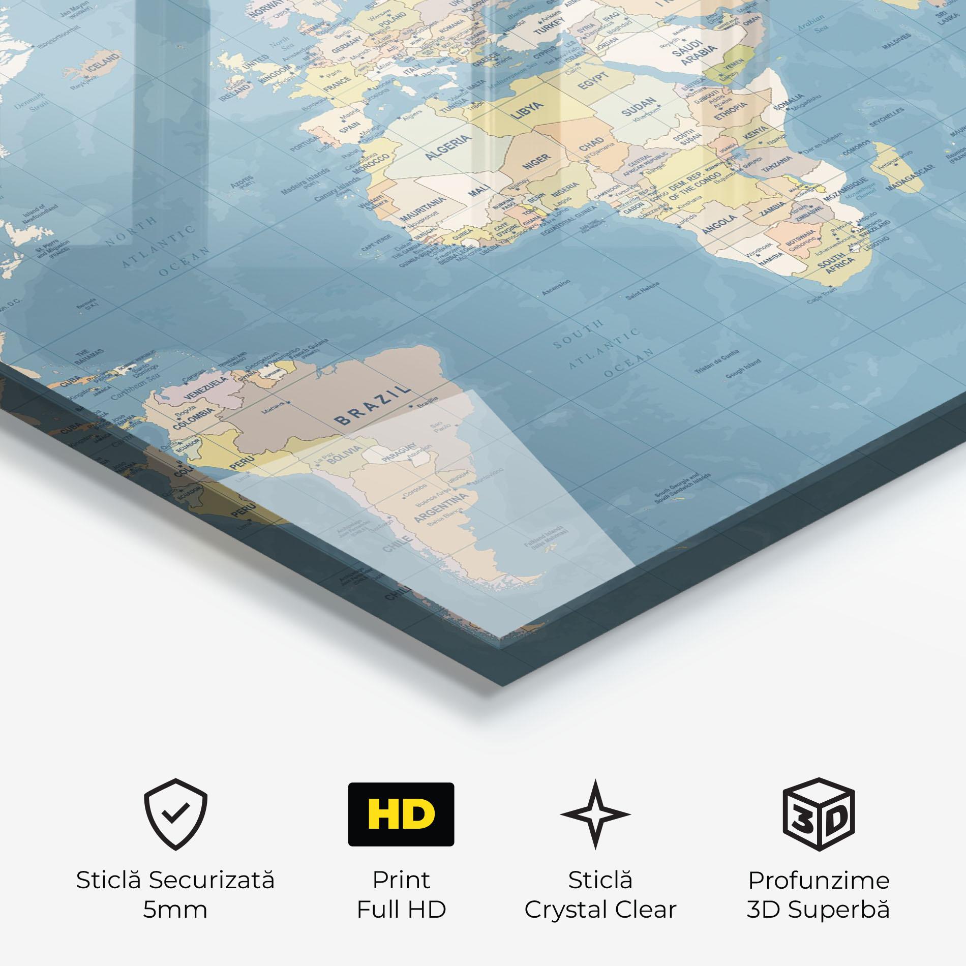Tablou Sticla Blue World Map mockup 3