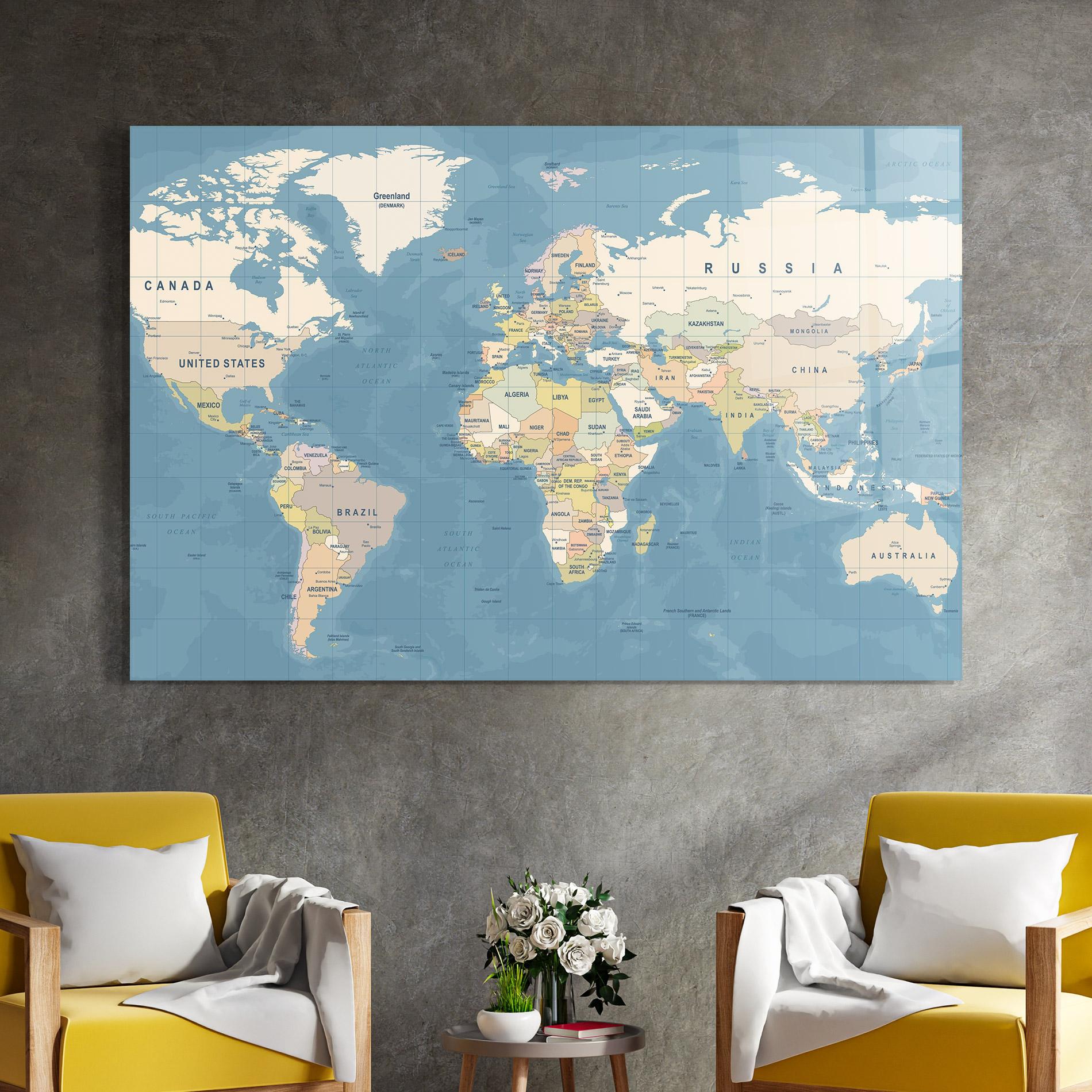 Tablou Sticla Blue World Map mockup 4