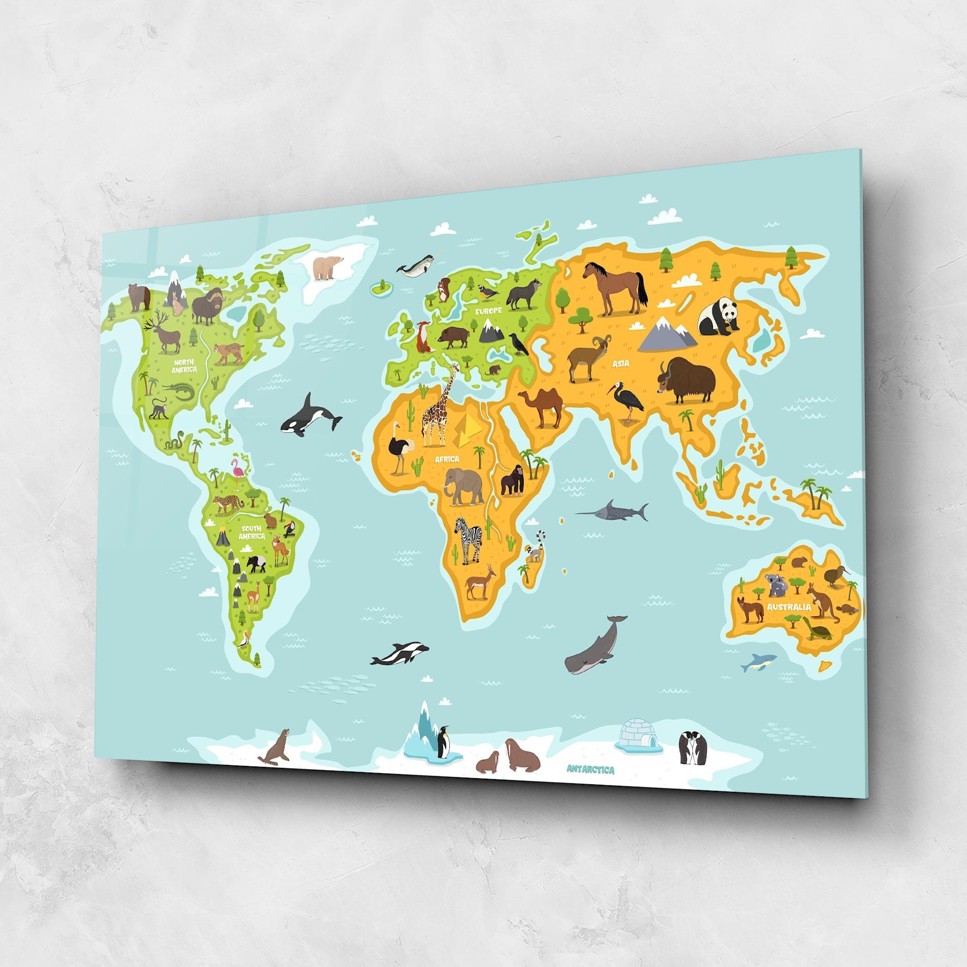 Tablou Sticla Animals World Map mockup 1