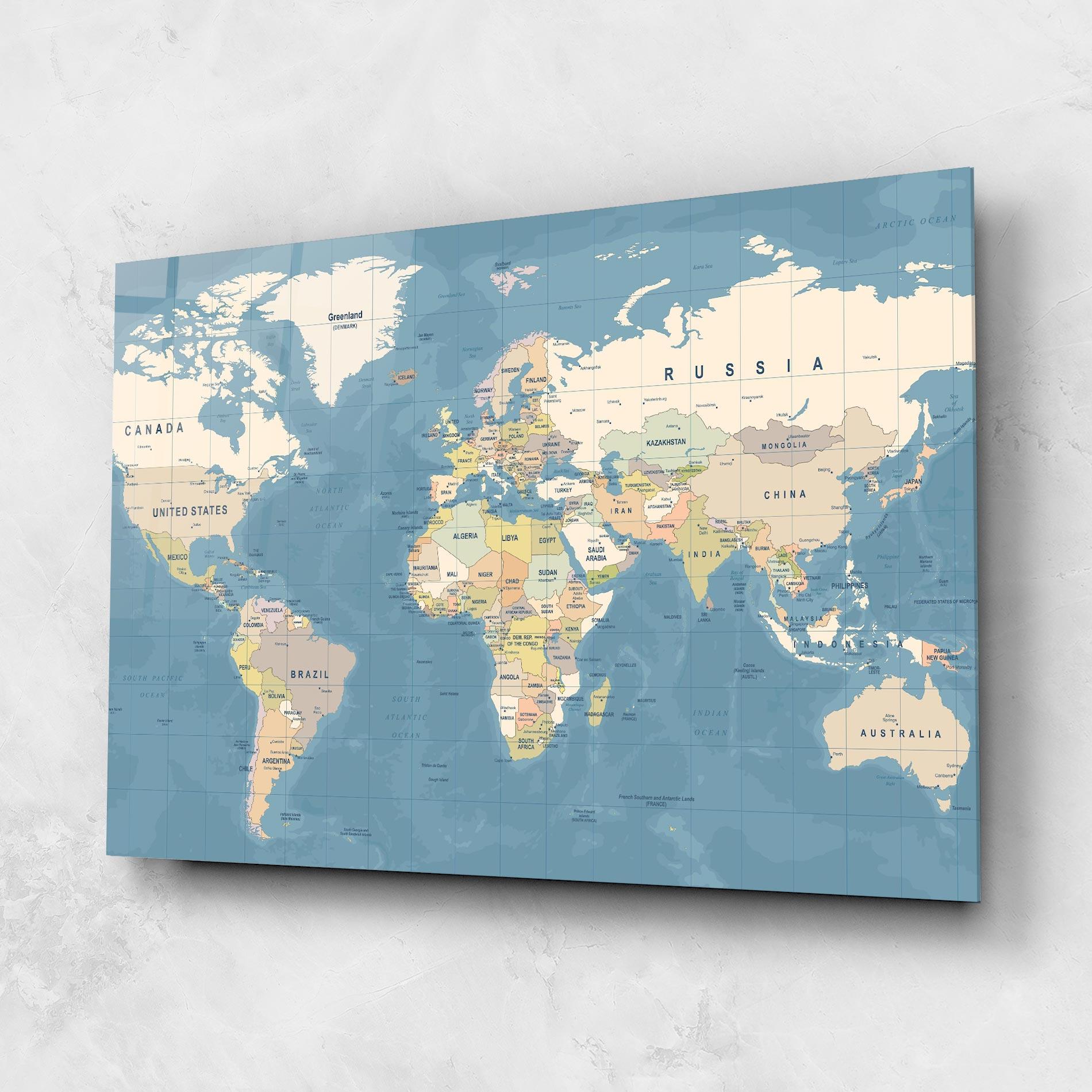 Tablou Sticla Blue World Map mockup 1