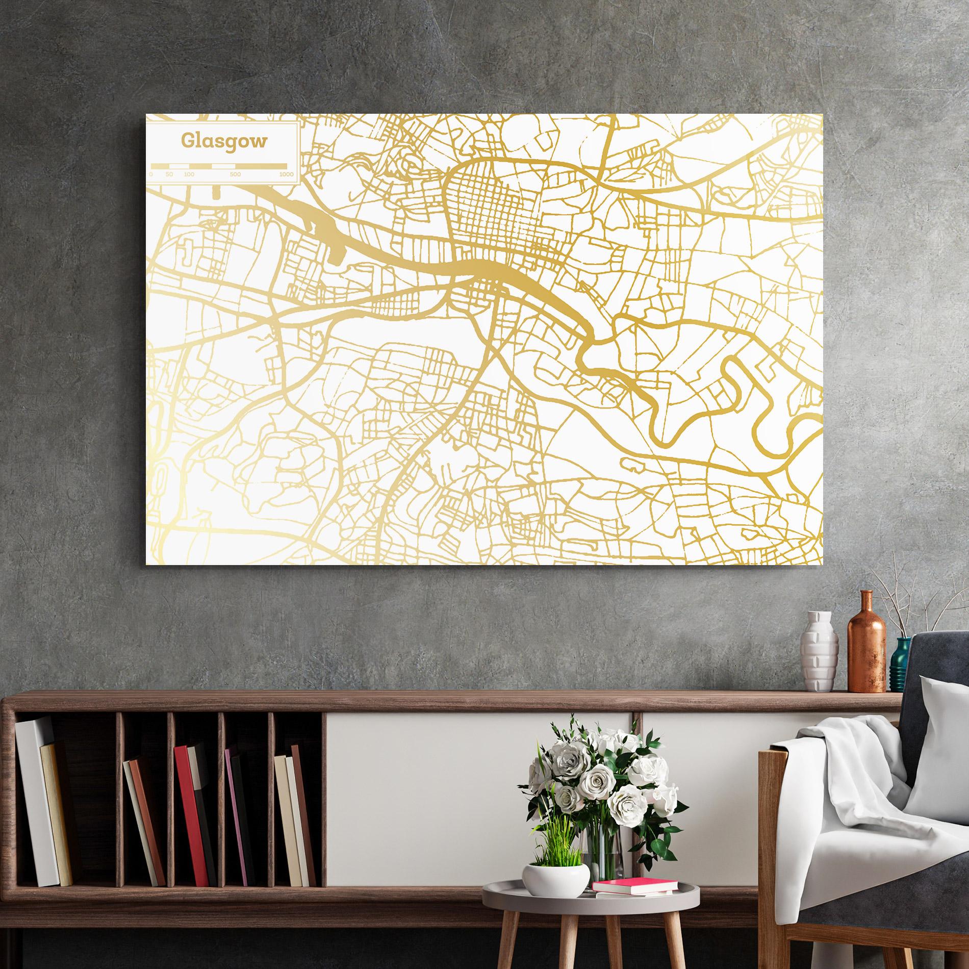Tablou Sticla Glasgow Gold Map mockup 2