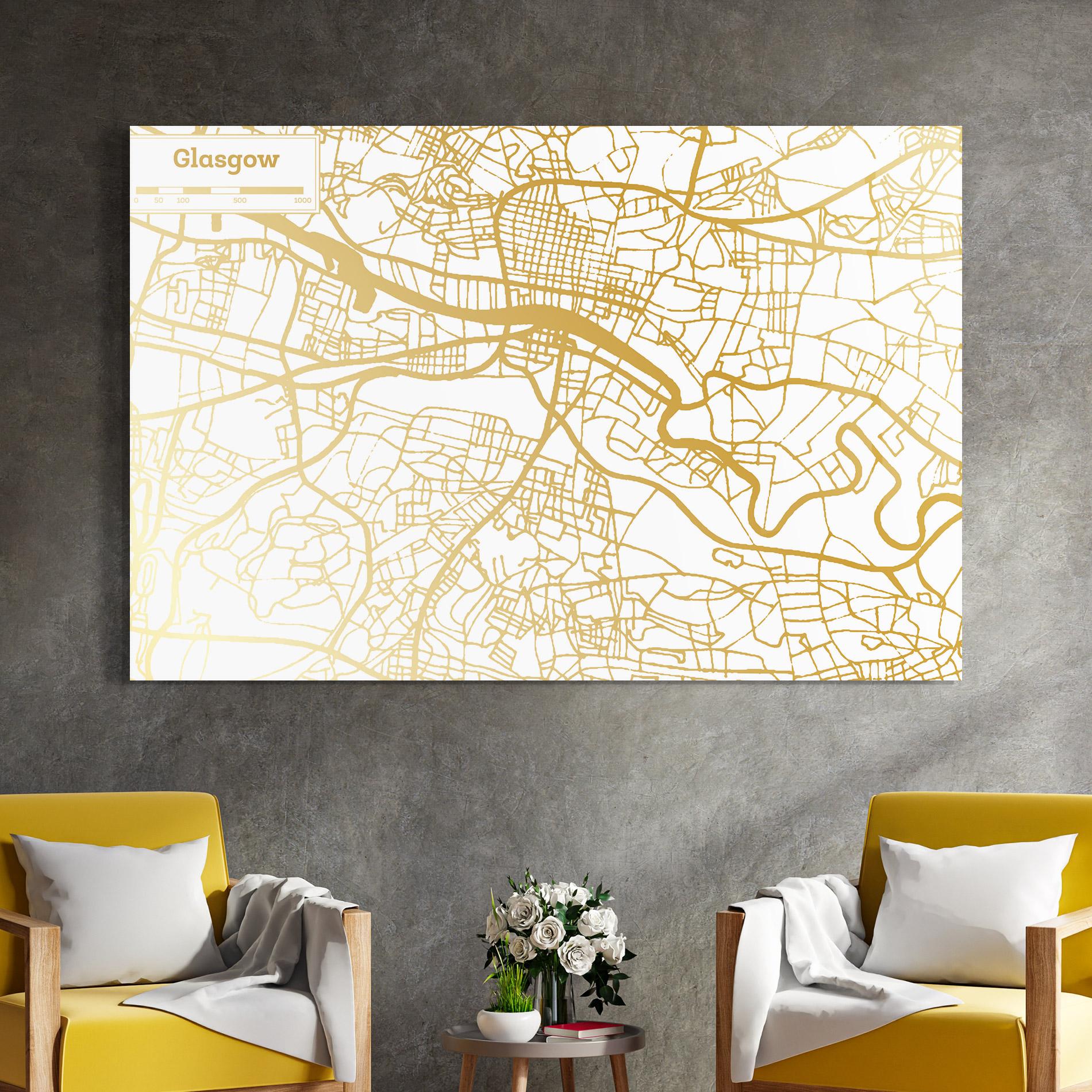 Tablou Sticla Glasgow Gold Map mockup 4