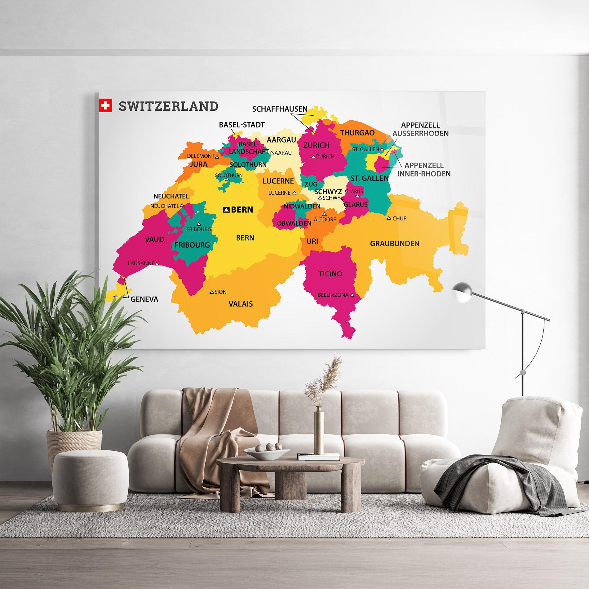 Tablou Sticla Switzerland Colorful Map mockup 9