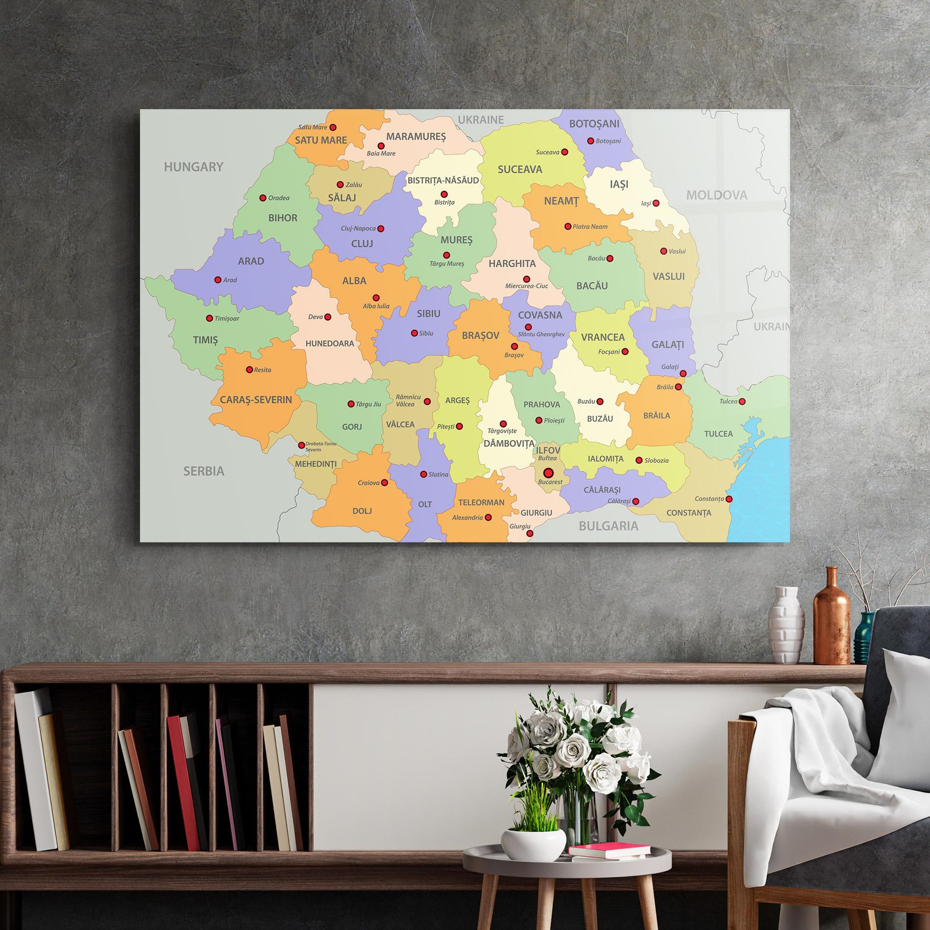 Tablou Sticla Romania Map mockup 2
