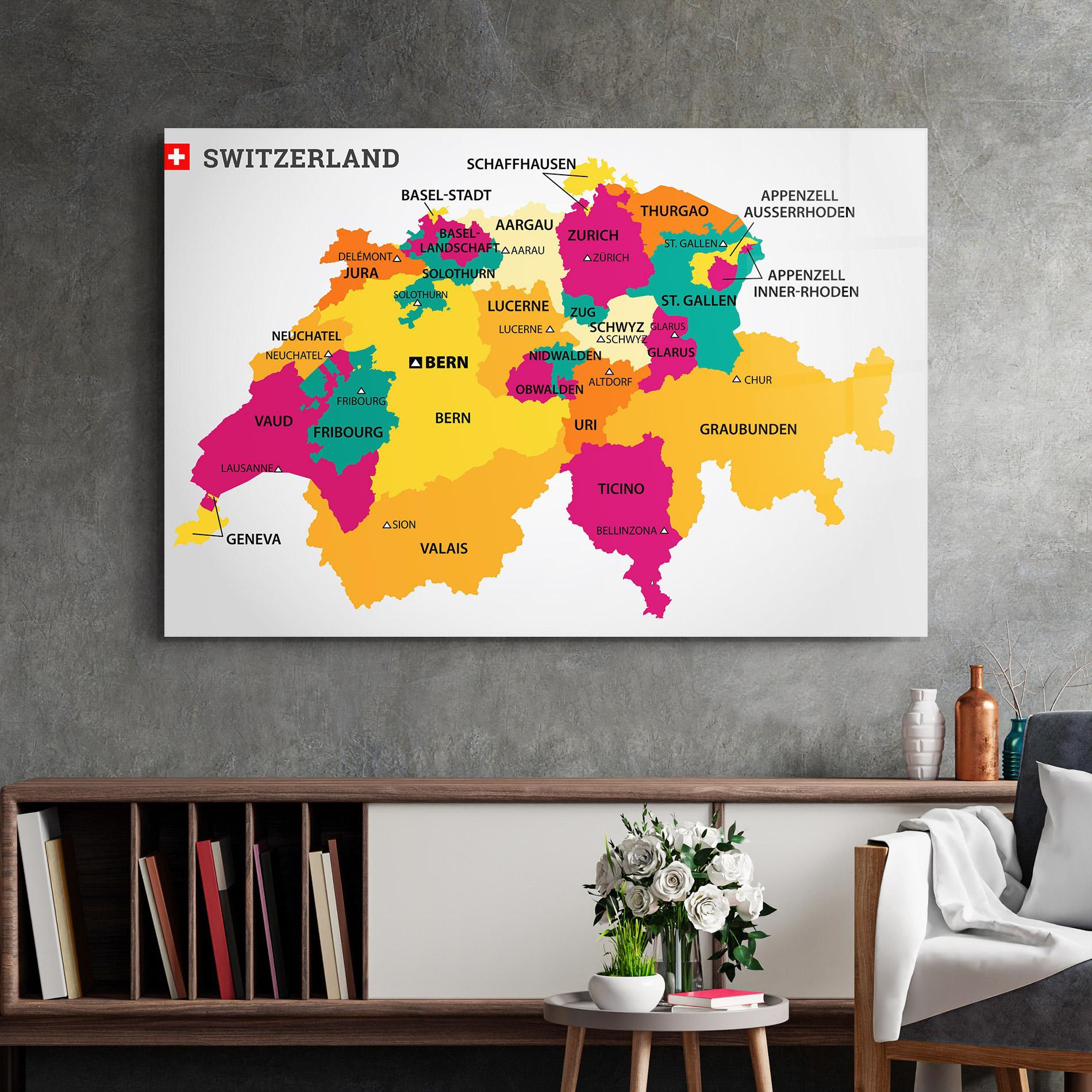 Tablou Sticla Switzerland Colorful Map mockup 2