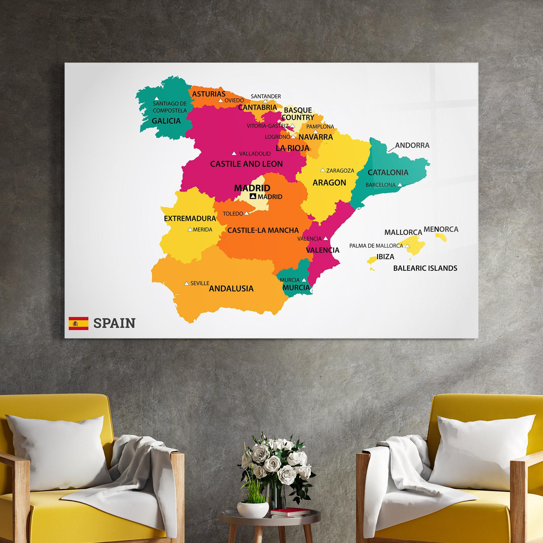 Tablou Sticla Spain Colorful Map mockup 4