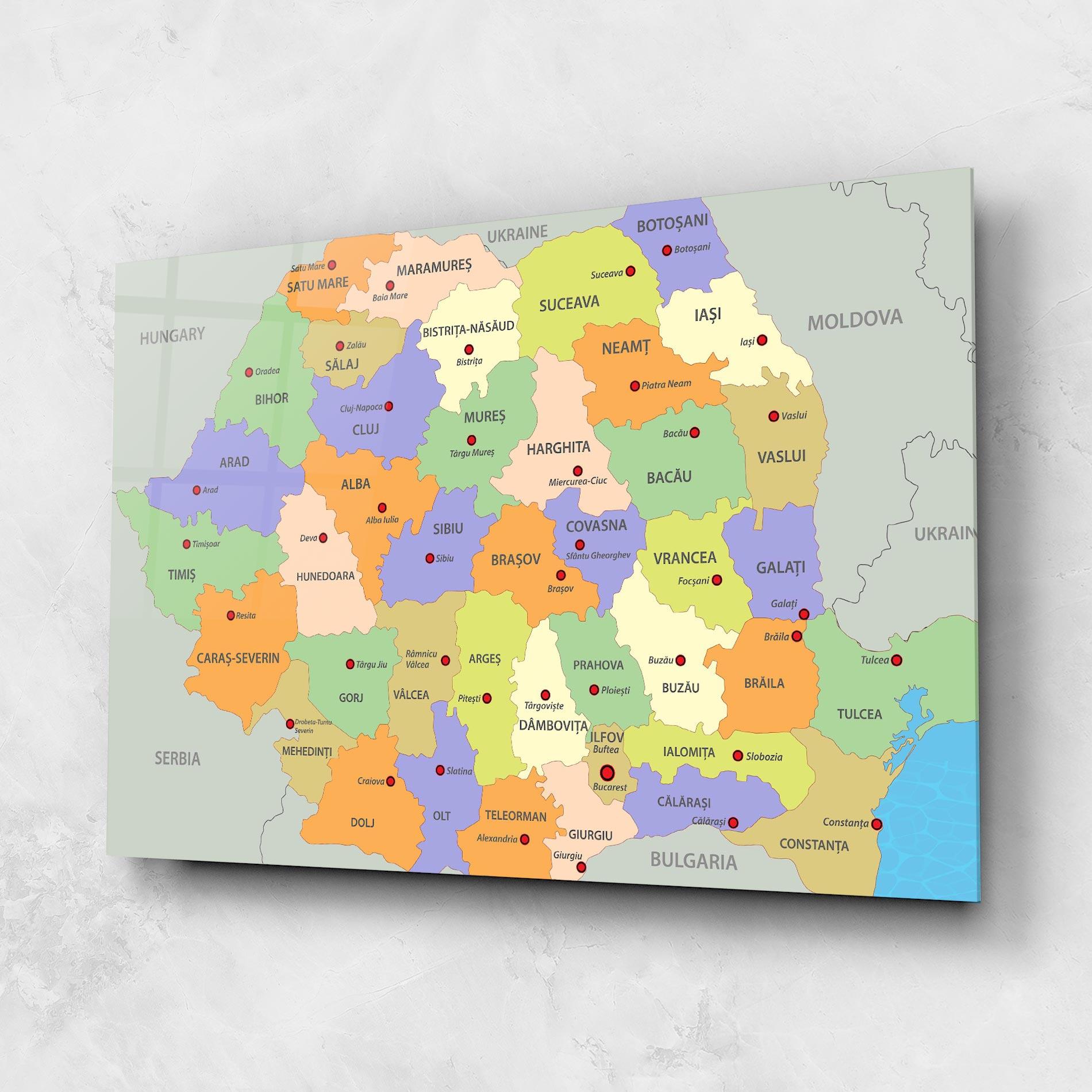 Tablou Sticla Romania Map mockup 1