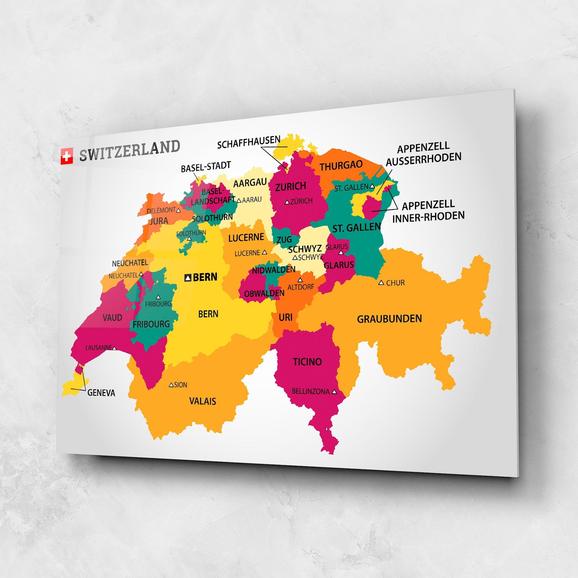 Tablou Sticla Switzerland Colorful Map mockup 1