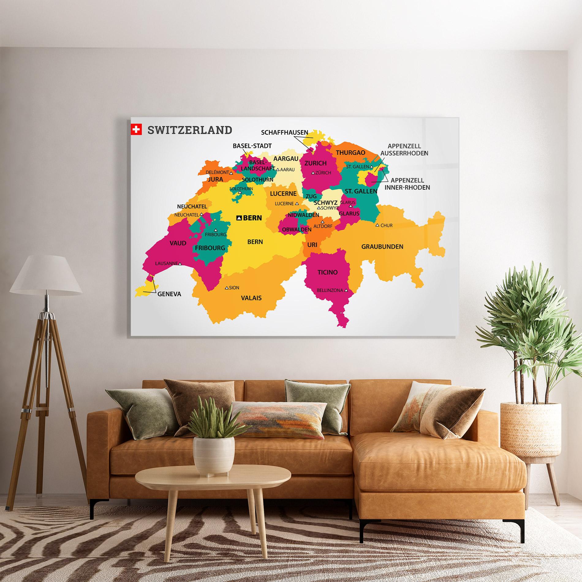 Tablou Sticla Switzerland Colorful Map mockup 7