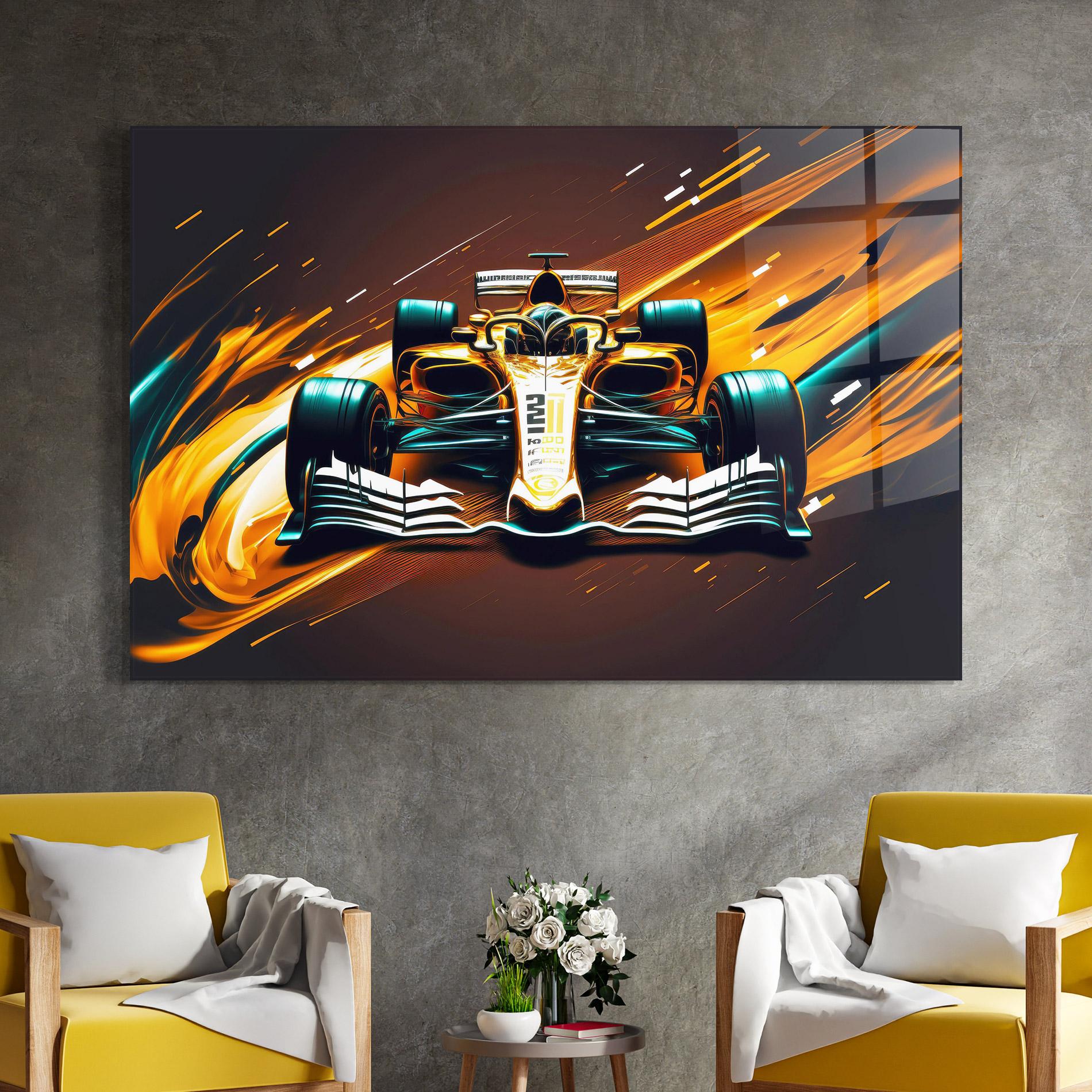 Tablou Sticla Orange Racing Car mockup 4