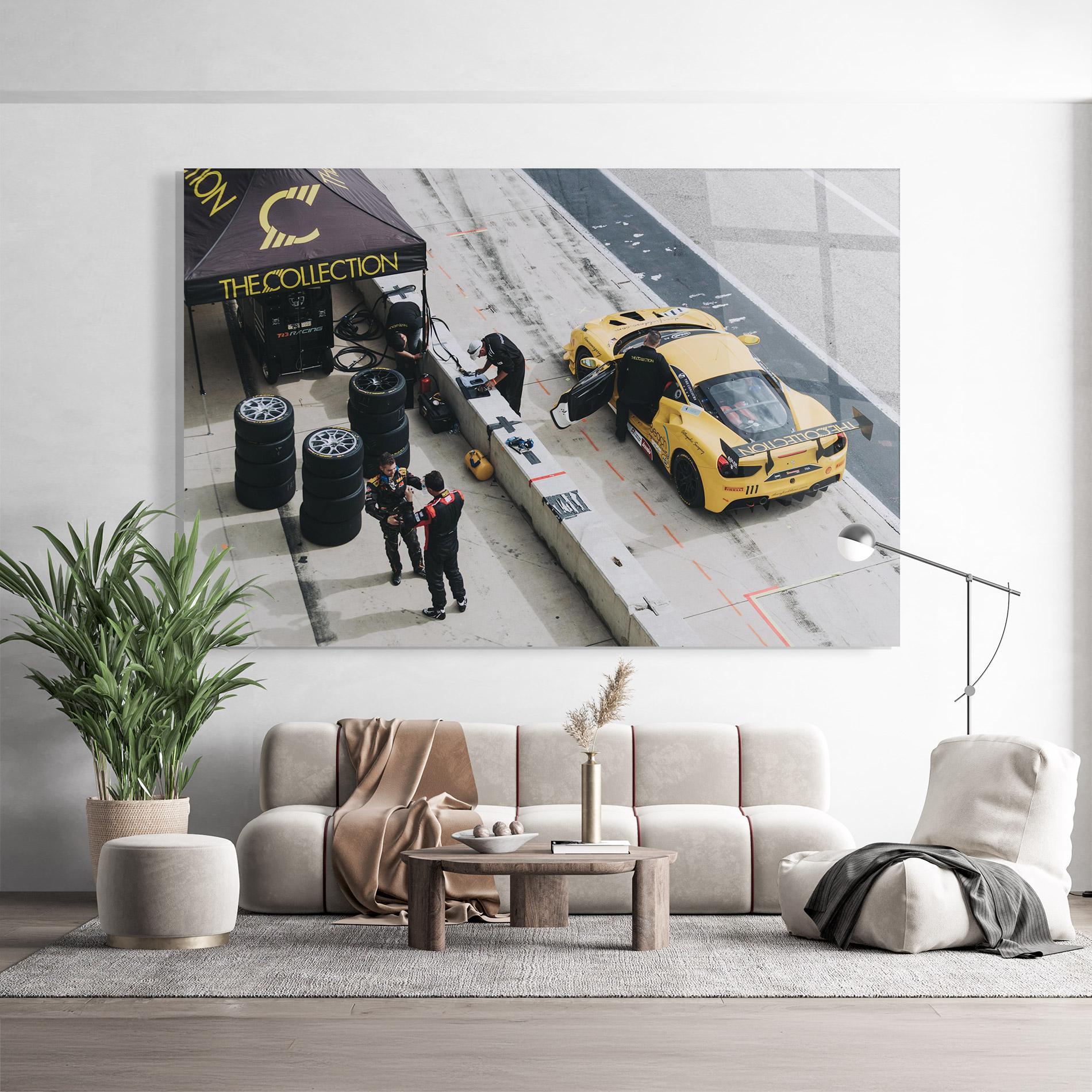 Tablou Sticla Yellow Race Car mockup 9