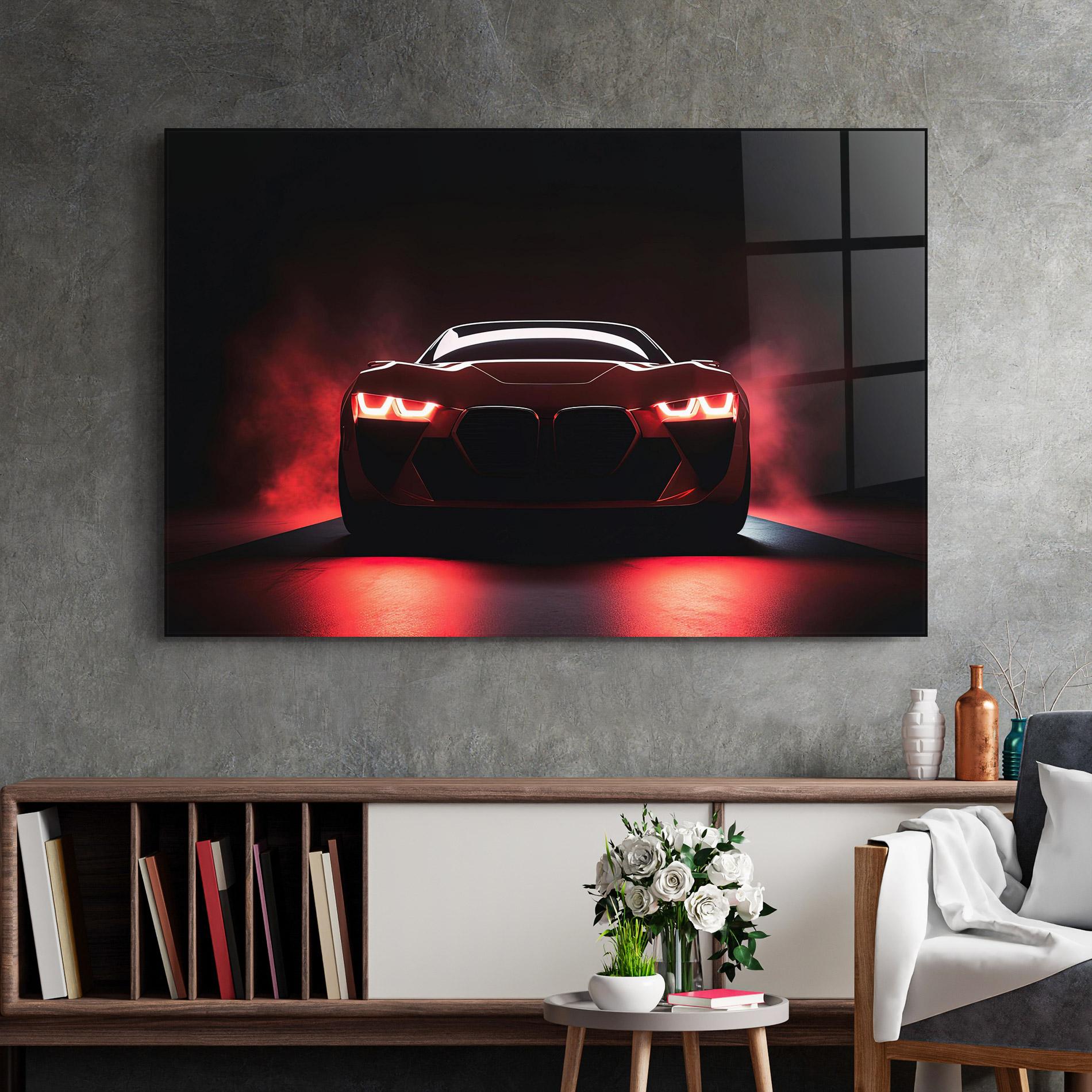 Tablou Sticla Red Bmw In Smoke mockup 2
