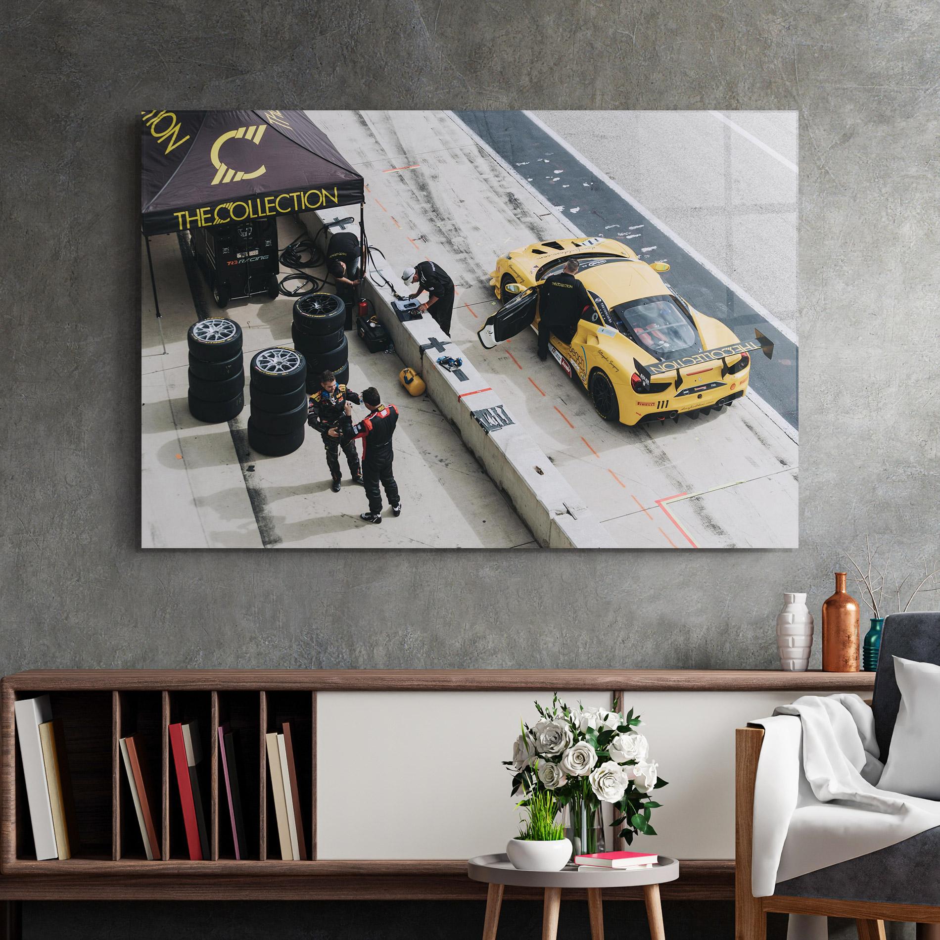 Tablou Sticla Yellow Race Car mockup 2