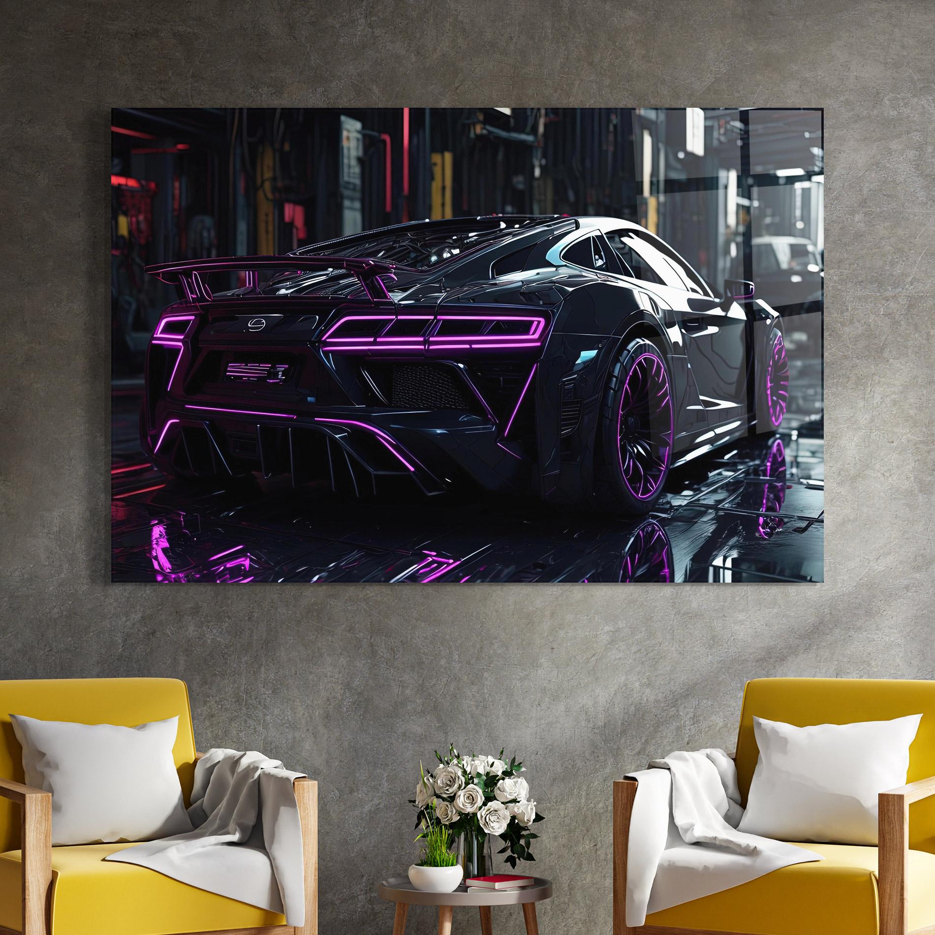 Tablou Sticla Futuristic Purple Black Hypercar mockup 4