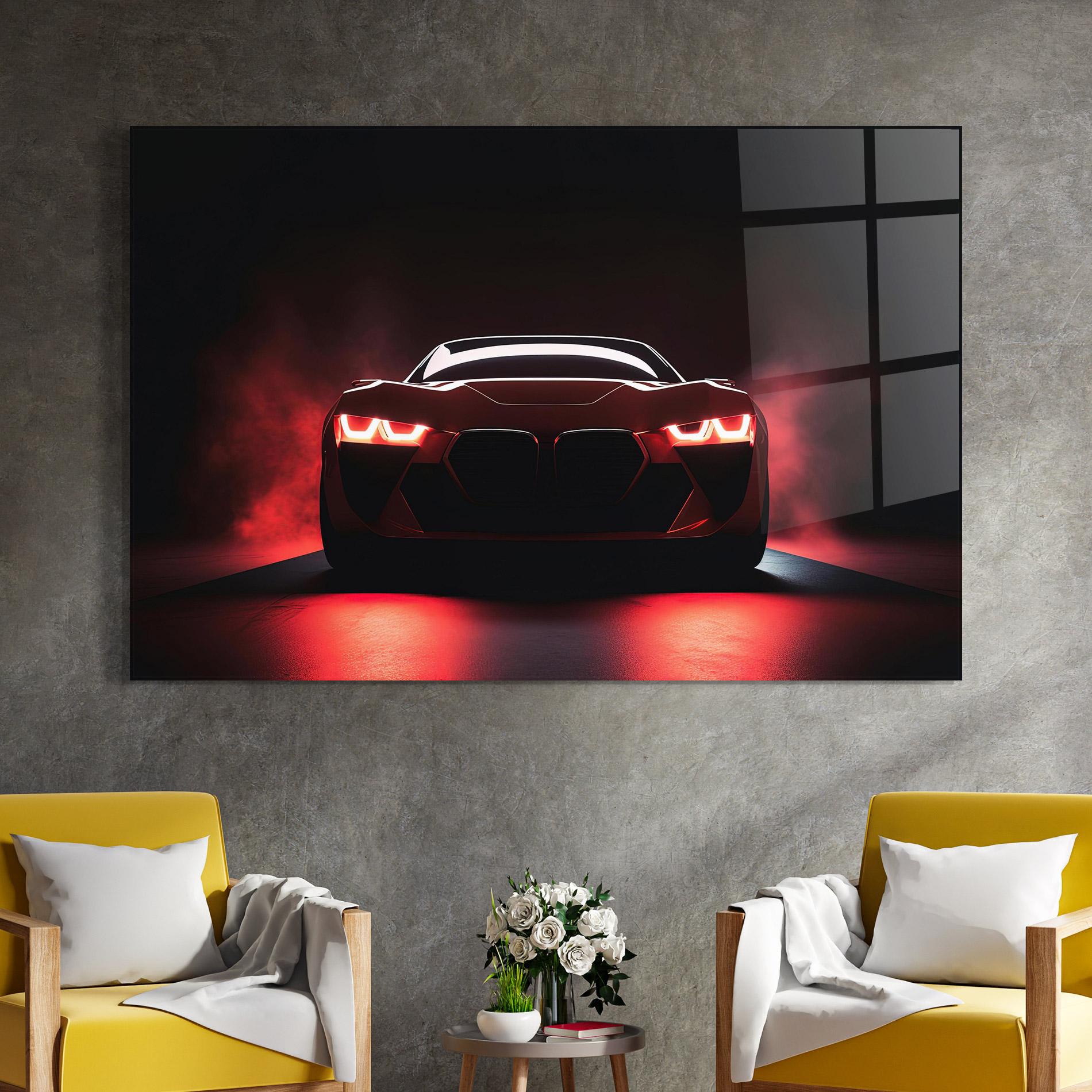 Tablou Sticla Red Bmw In Smoke mockup 4