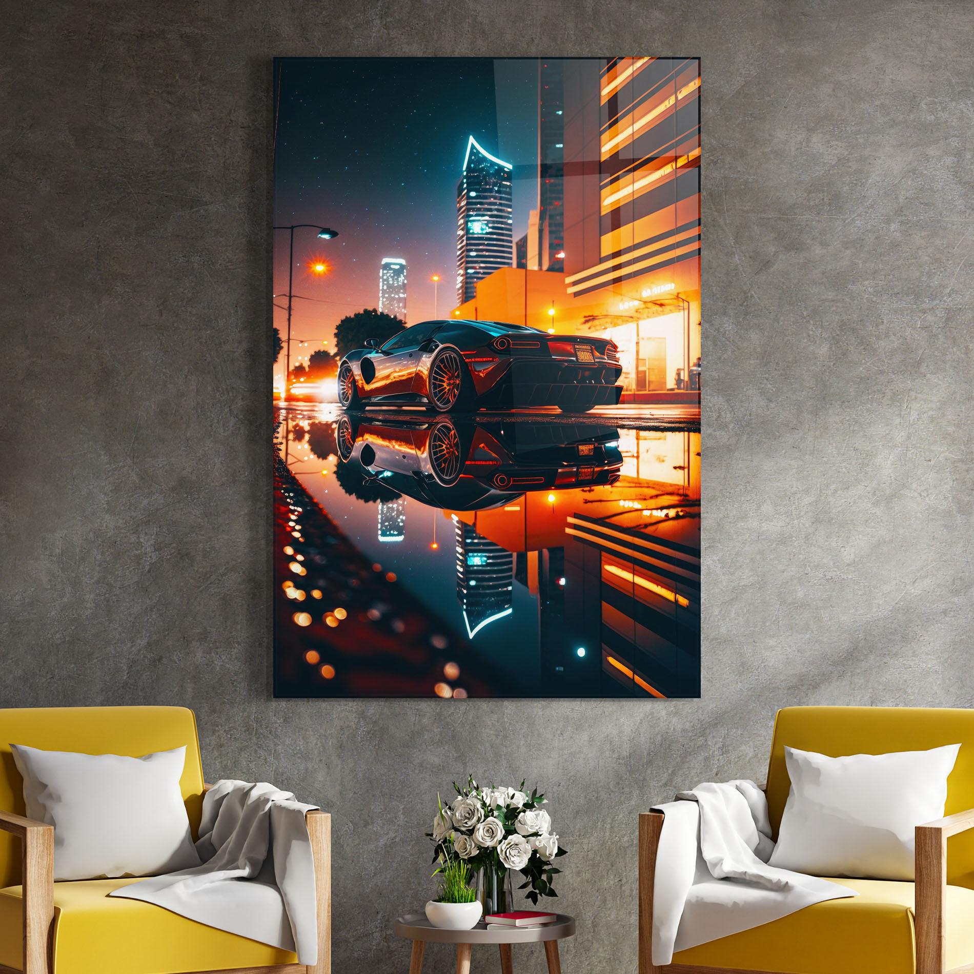 Tablou Sticla Rainy Sport Car mockup 4