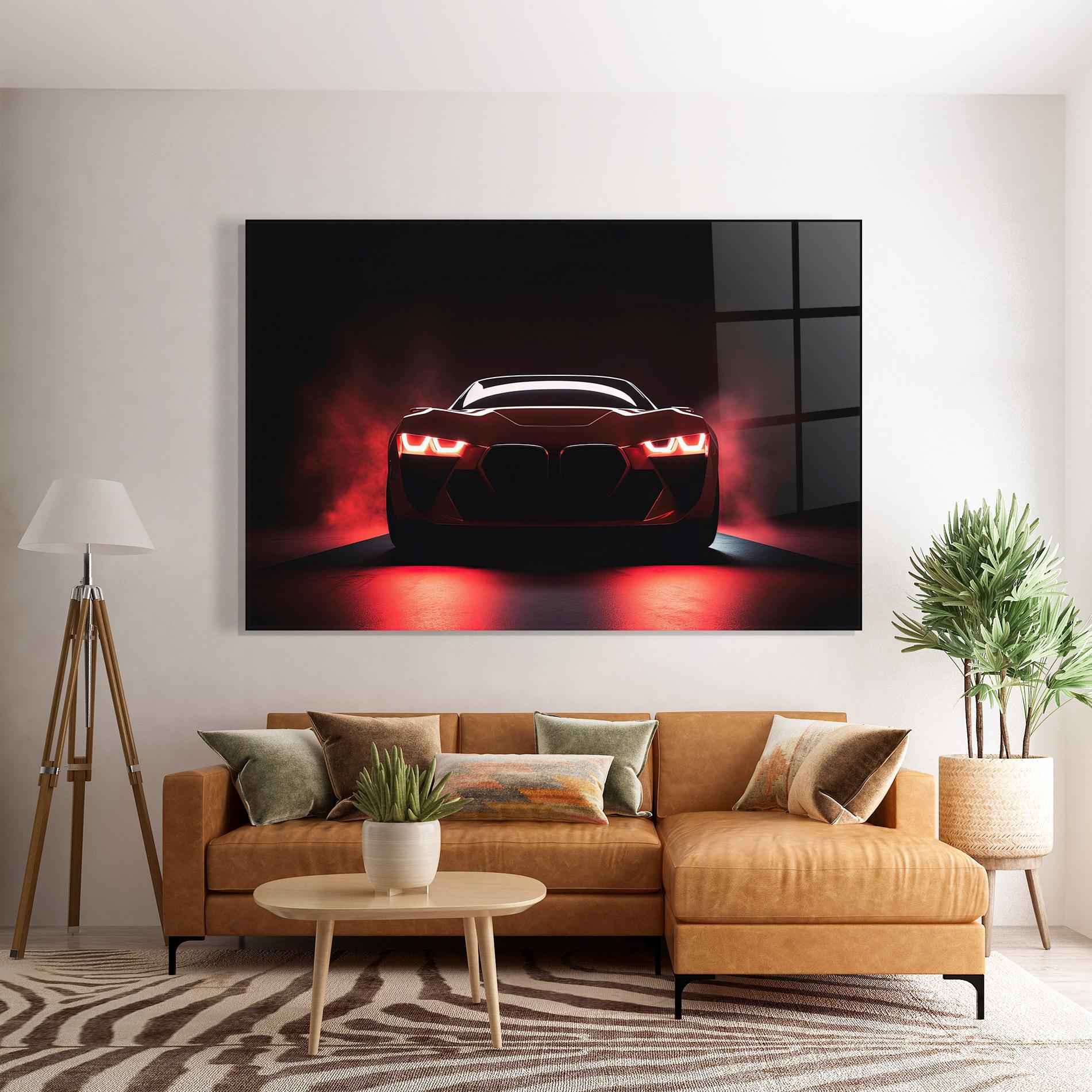 Tablou Sticla Red Bmw In Smoke mockup 7